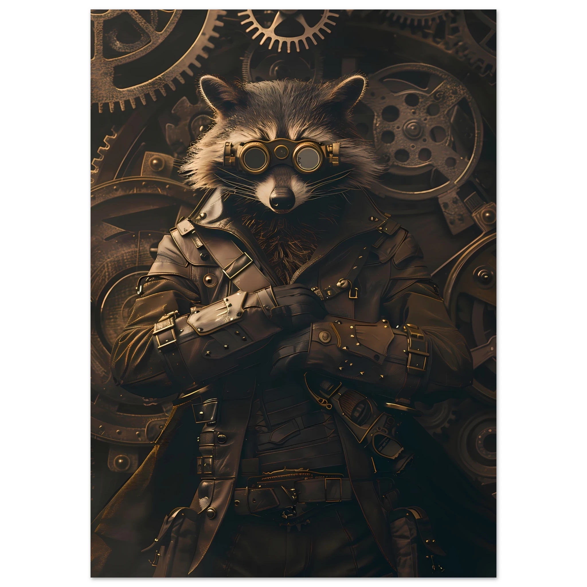 Raccoon in leather gear surrounded by gears and brass pipes — steampunk pet art print.