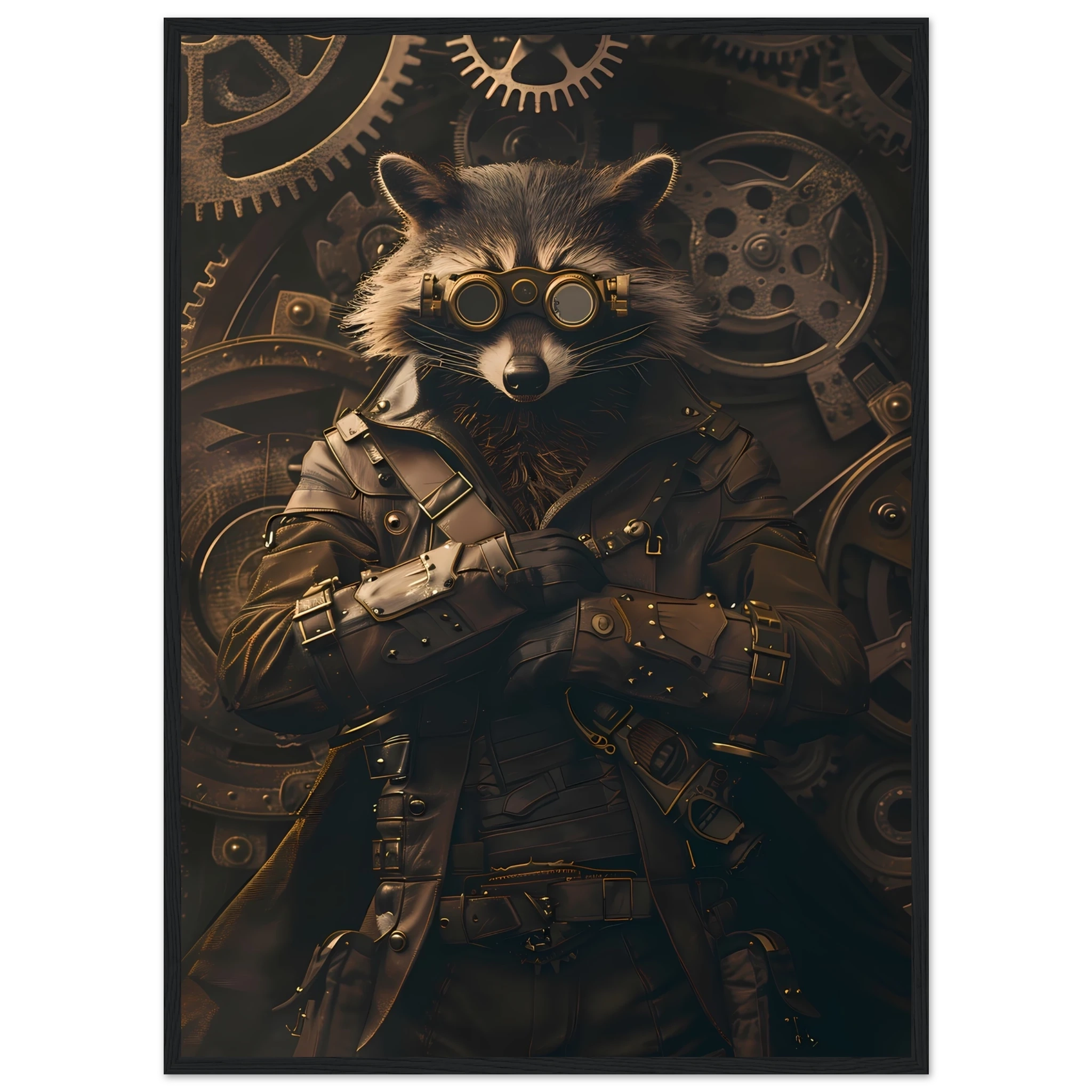 Raccoon in leather gear surrounded by gears and brass pipes — steampunk pet art print.