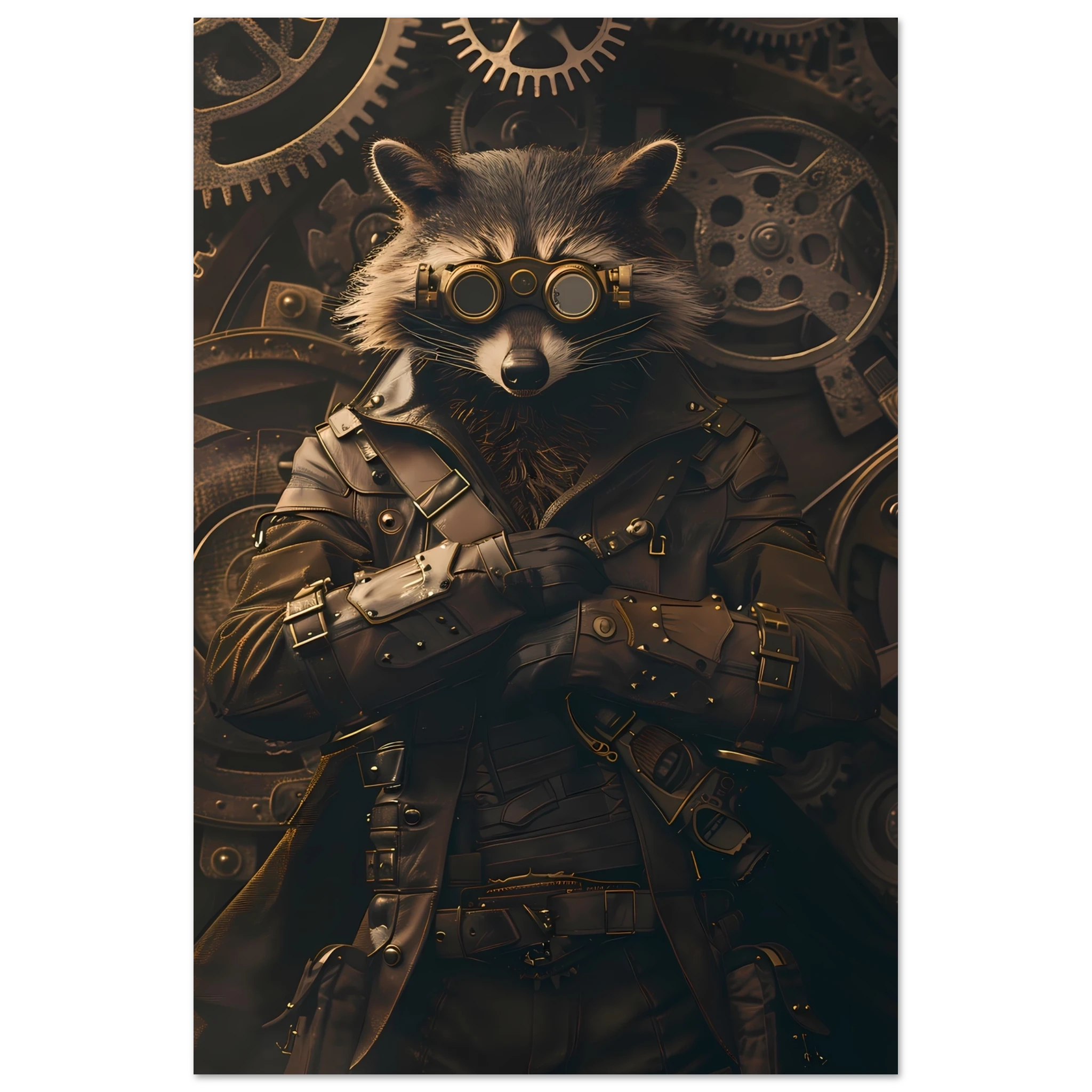 Raccoon in leather gear surrounded by gears and brass pipes — steampunk pet art print.