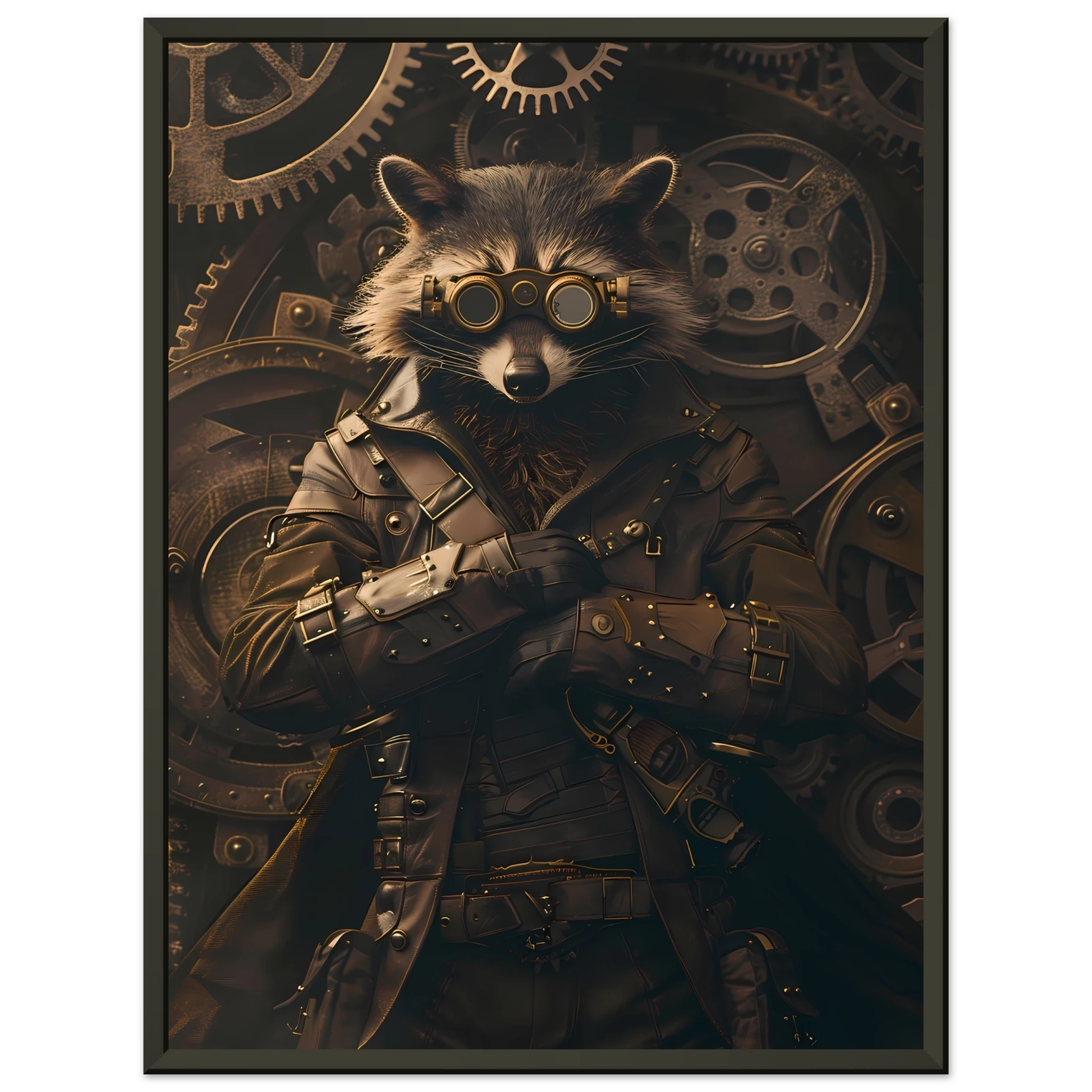 Raccoon in leather gear surrounded by gears and brass pipes — steampunk pet art print.