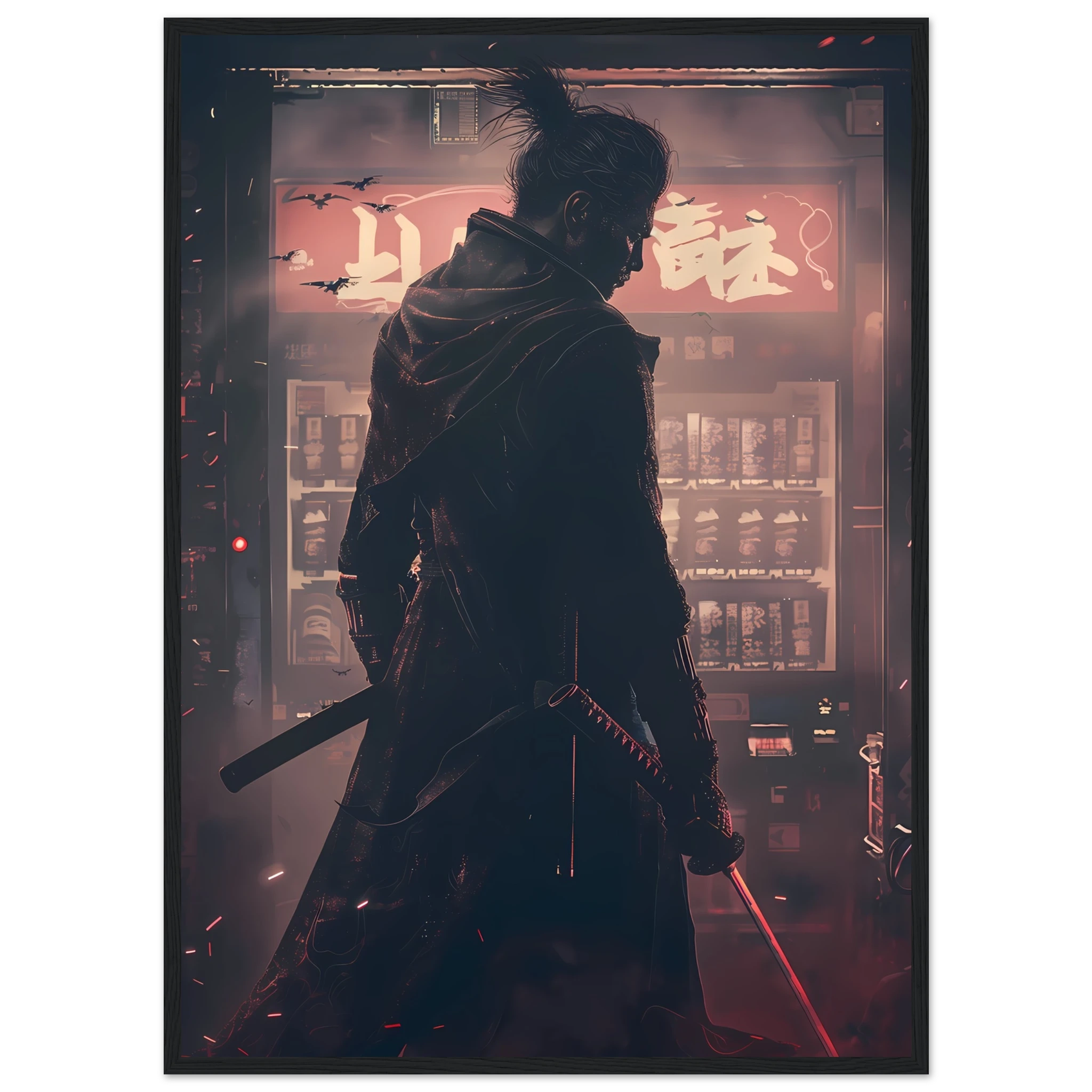 Samurai warrior inside a neon 80s arcade with swords glowing neon reflections — retro cyberpunk art.