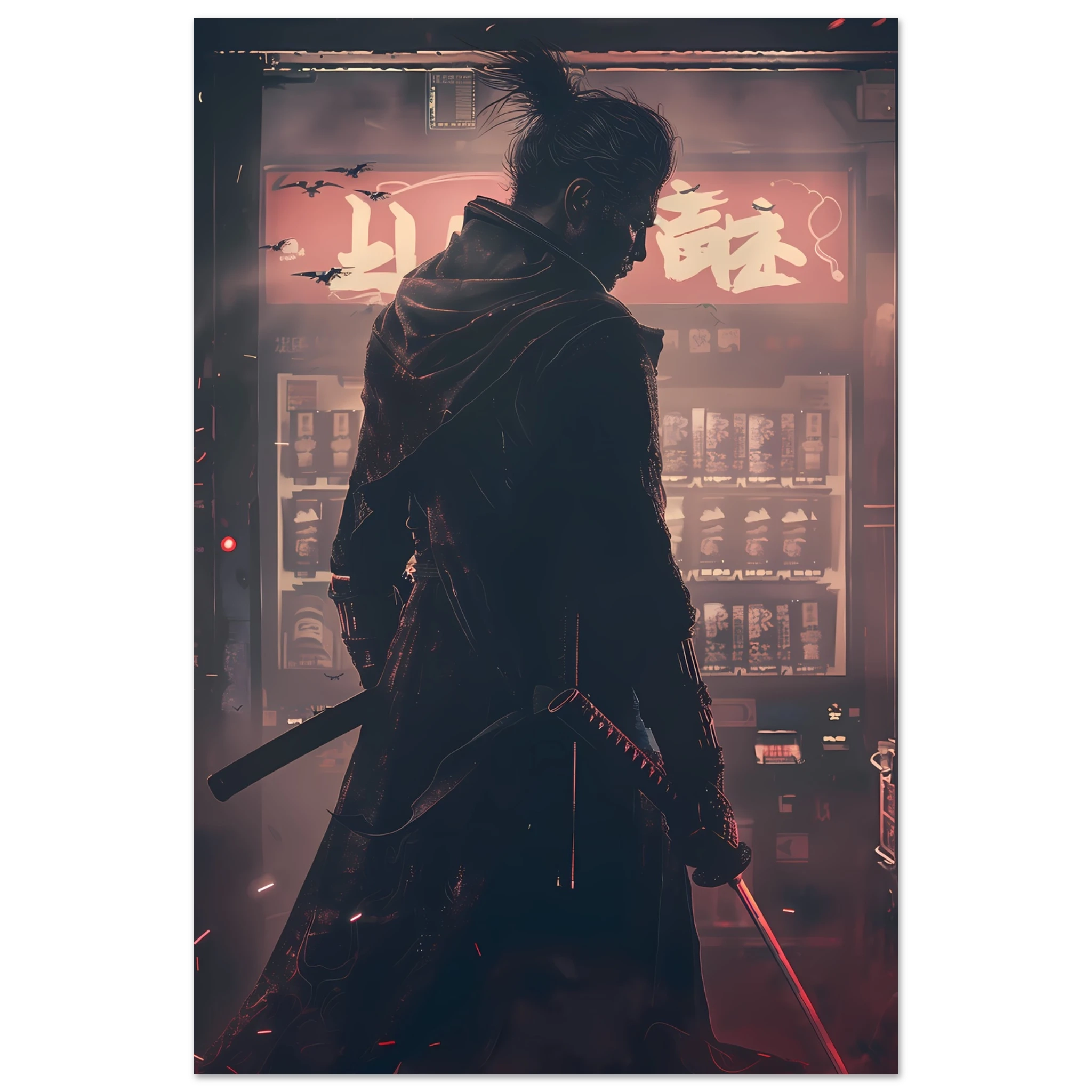 Samurai warrior inside a neon 80s arcade with swords glowing neon reflections — retro cyberpunk art.