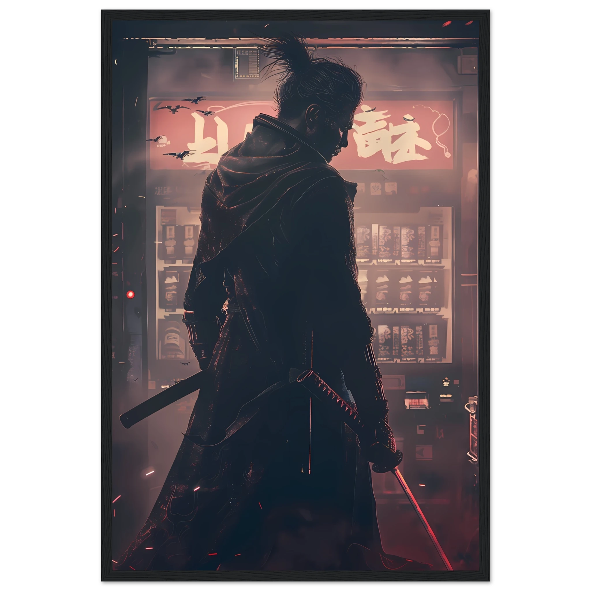 Samurai warrior inside a neon 80s arcade with swords glowing neon reflections — retro cyberpunk art.