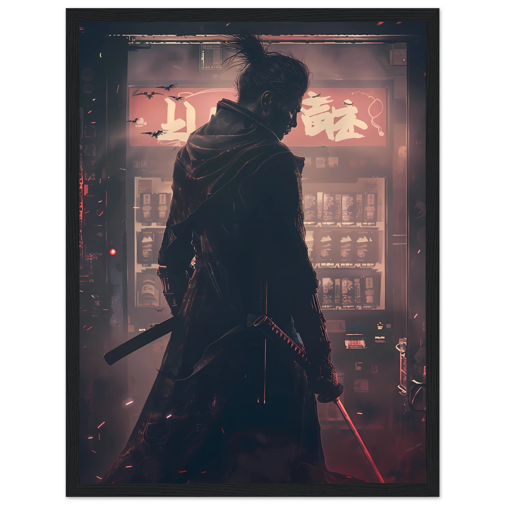 Samurai warrior inside a neon 80s arcade with swords glowing neon reflections — retro cyberpunk art.