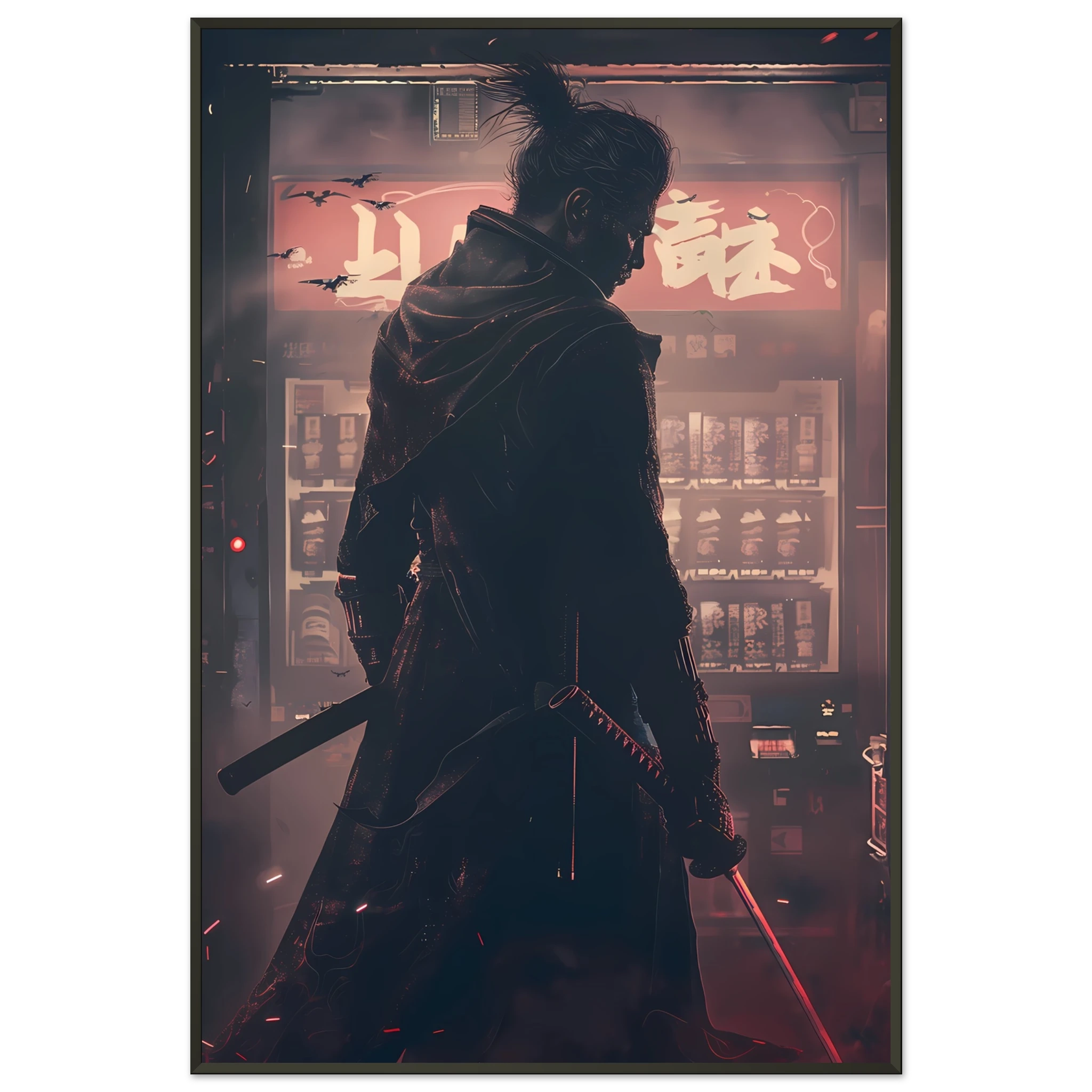 Samurai warrior inside a neon 80s arcade with swords glowing neon reflections — retro cyberpunk art.