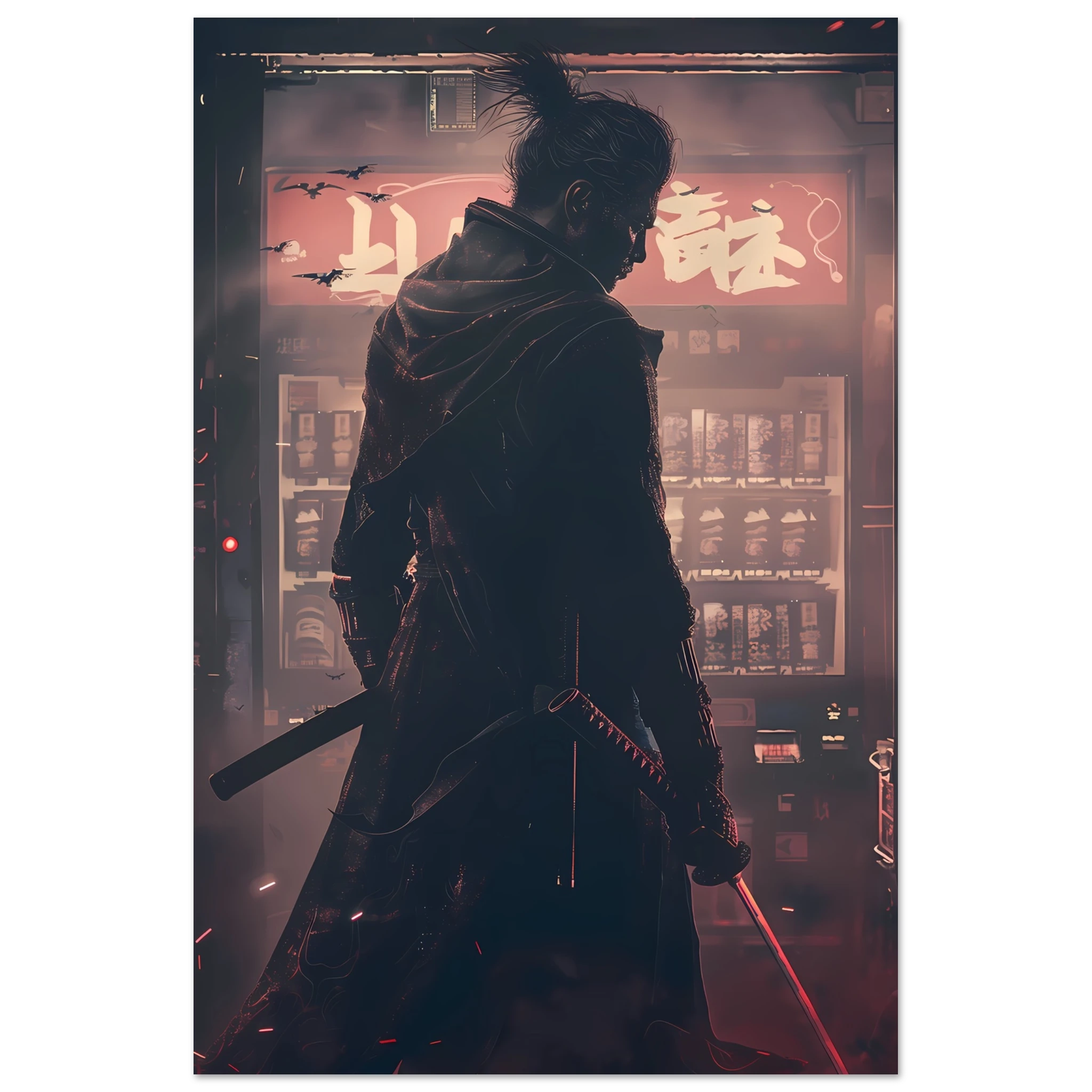 Samurai warrior inside a neon 80s arcade with swords glowing neon reflections — retro cyberpunk art.
