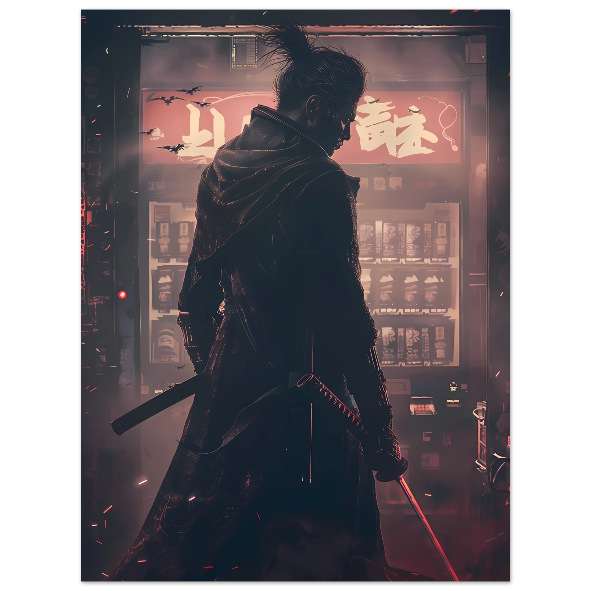 Samurai warrior inside a neon 80s arcade with swords glowing neon reflections — retro cyberpunk art.