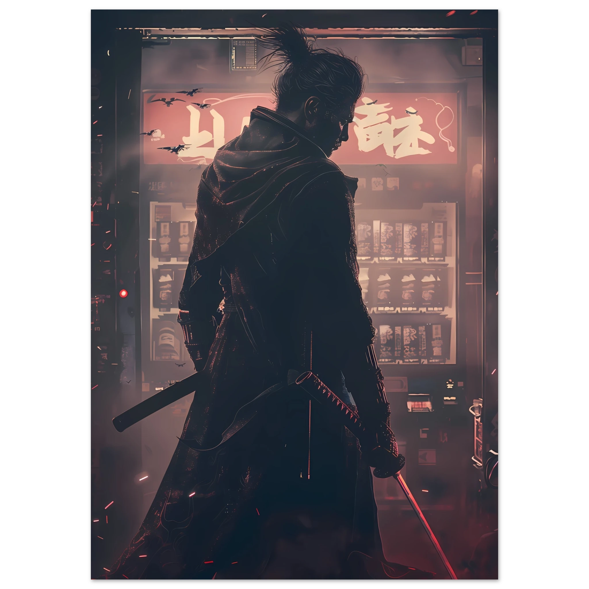 Samurai warrior inside a neon 80s arcade with swords glowing neon reflections — retro cyberpunk art.