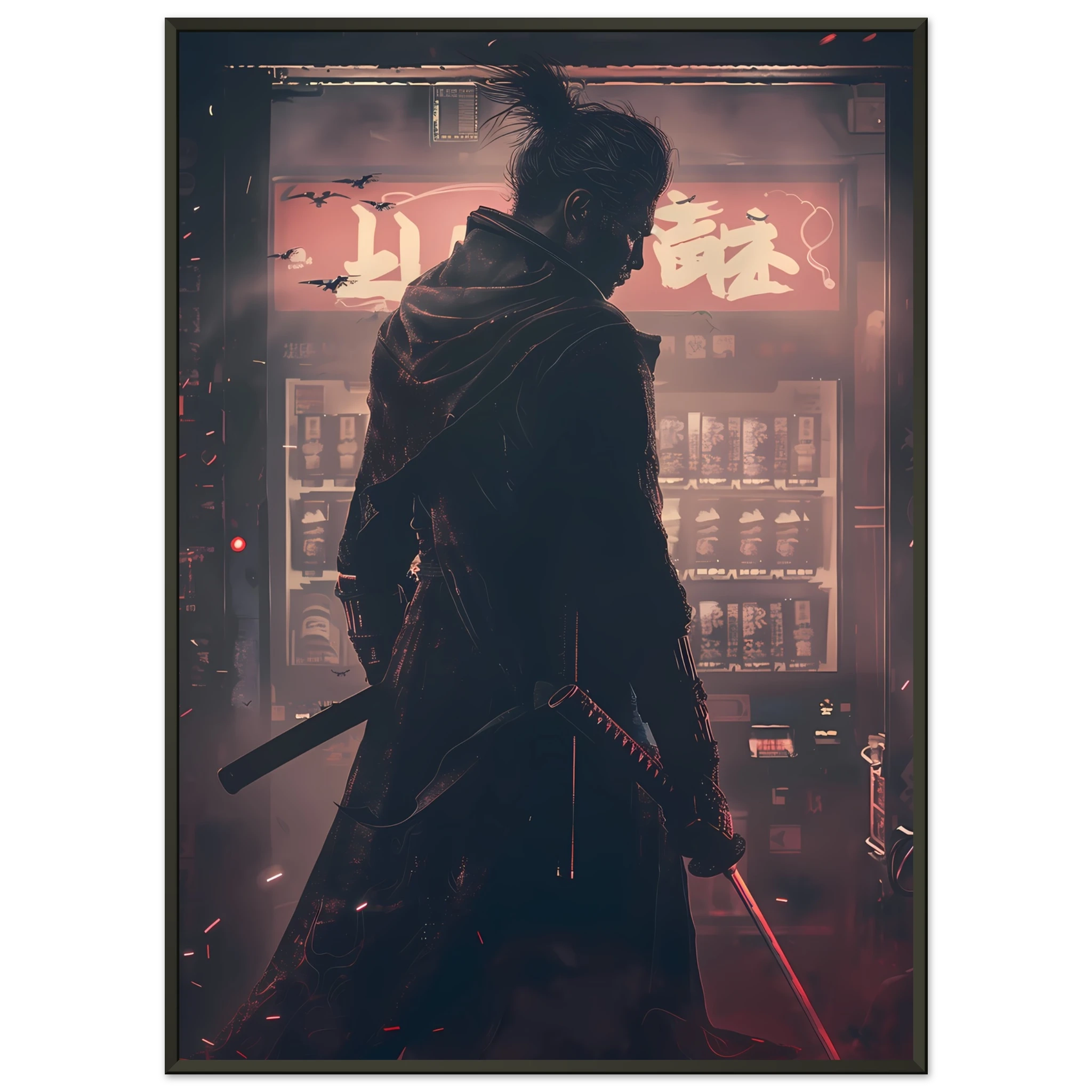 Samurai warrior inside a neon 80s arcade with swords glowing neon reflections — retro cyberpunk art.