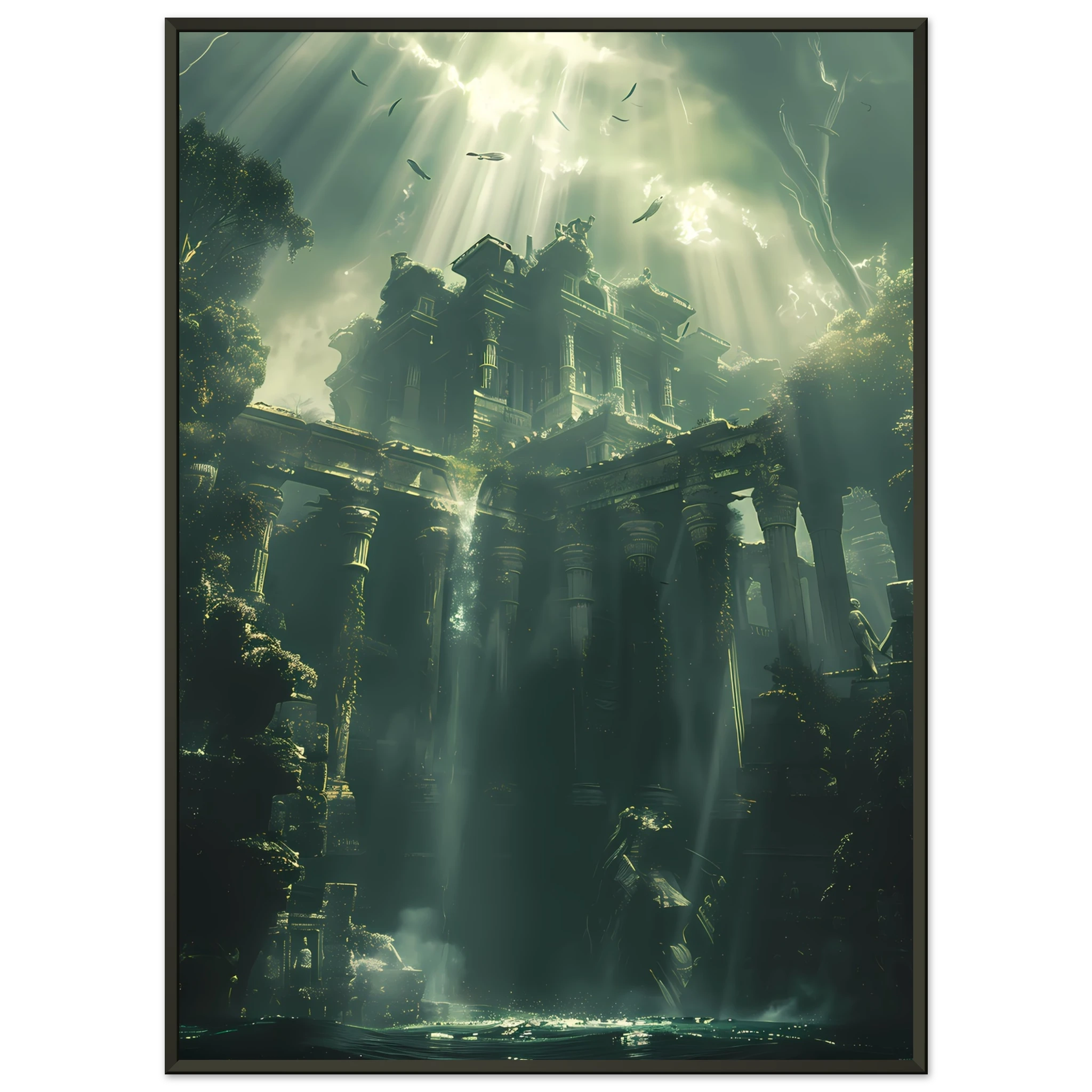Ancient ruins underwater glowing with coral and marine life — fantasy ocean wall art.