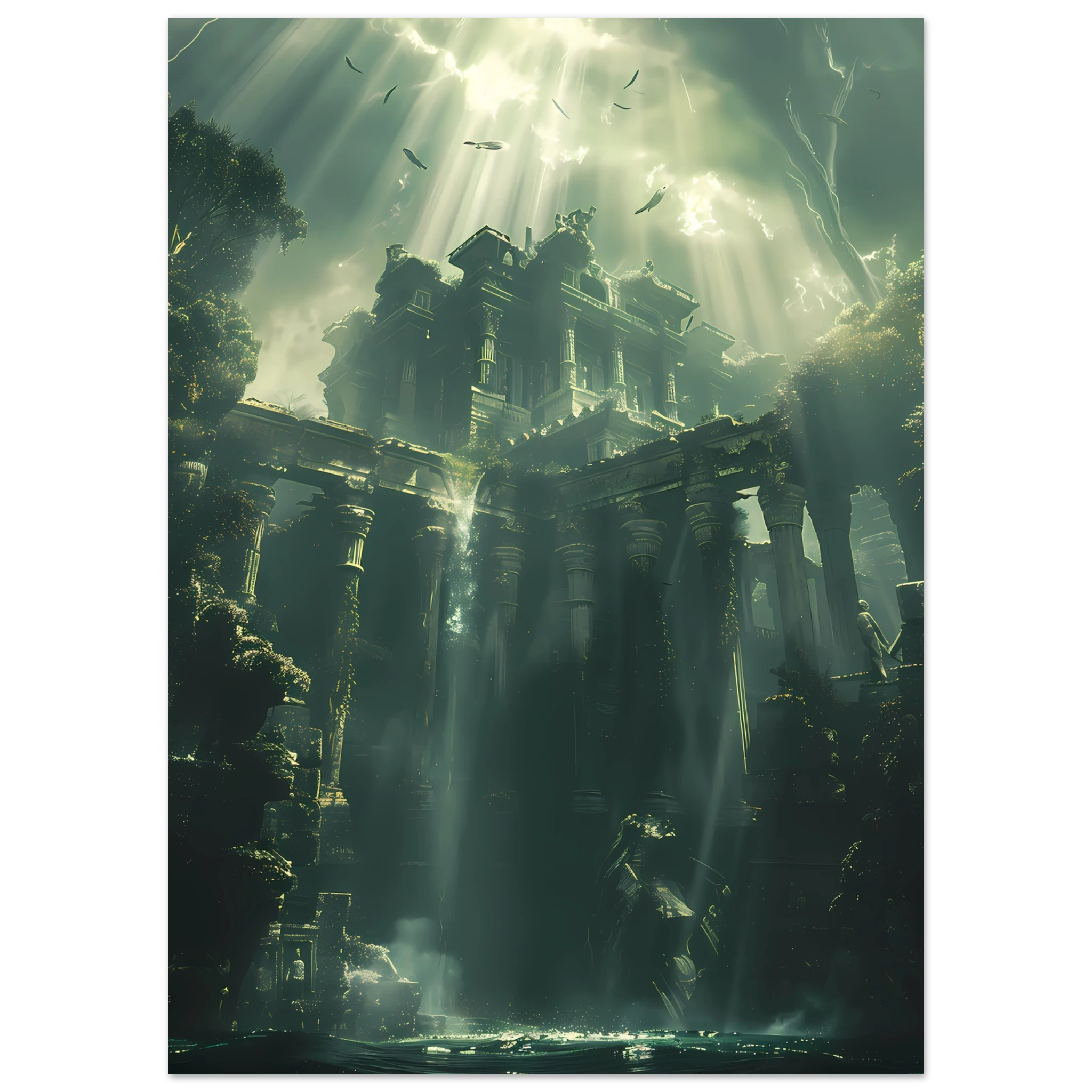 Ancient ruins underwater glowing with coral and marine life — fantasy ocean wall art.