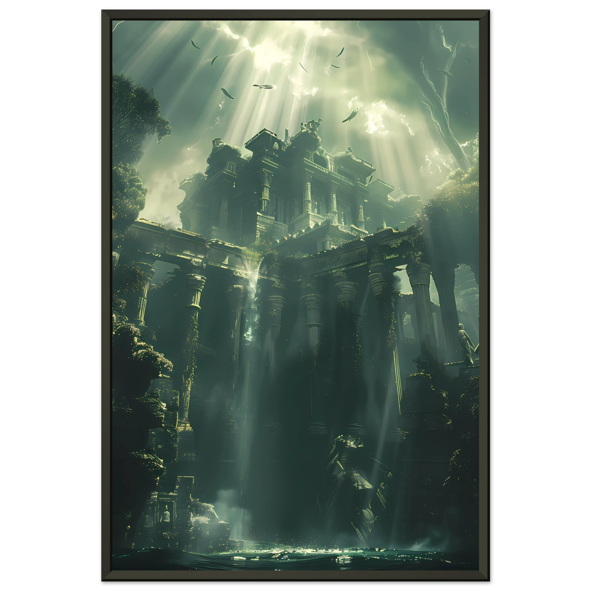 Ancient ruins underwater glowing with coral and marine life — fantasy ocean wall art.