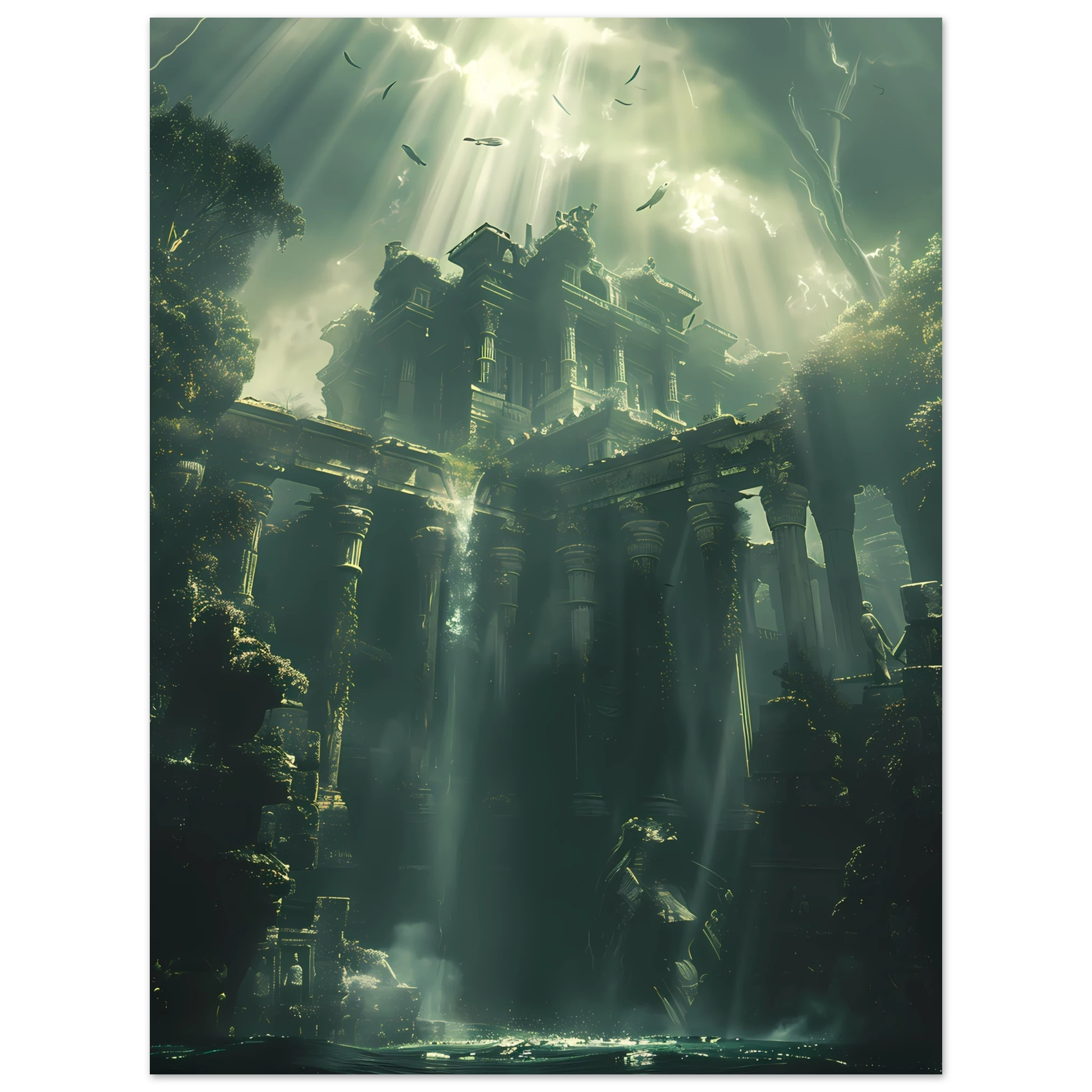 Ancient ruins underwater glowing with coral and marine life — fantasy ocean wall art.