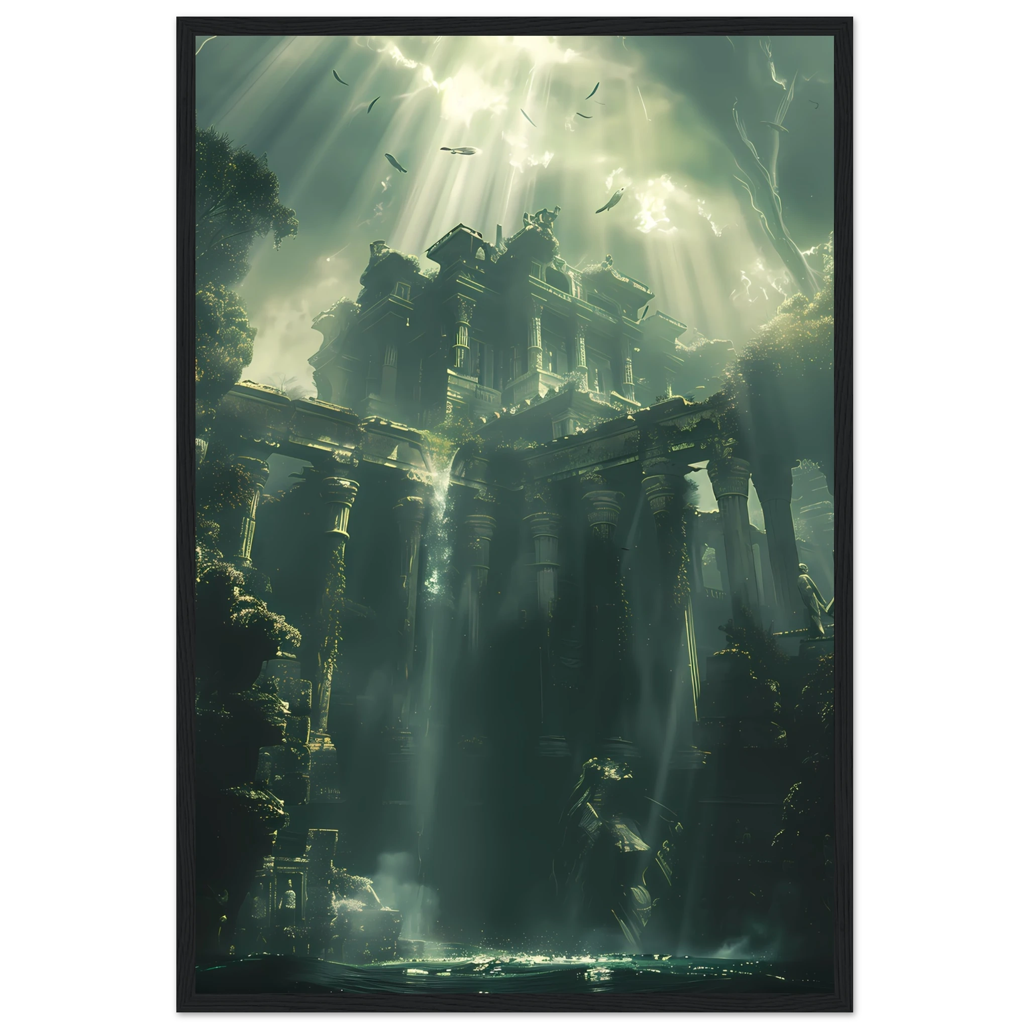 Ancient ruins underwater glowing with coral and marine life — fantasy ocean wall art.