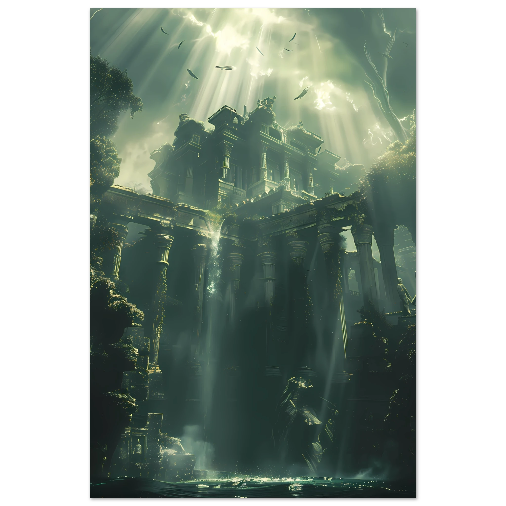 Ancient ruins underwater glowing with coral and marine life — fantasy ocean wall art.
