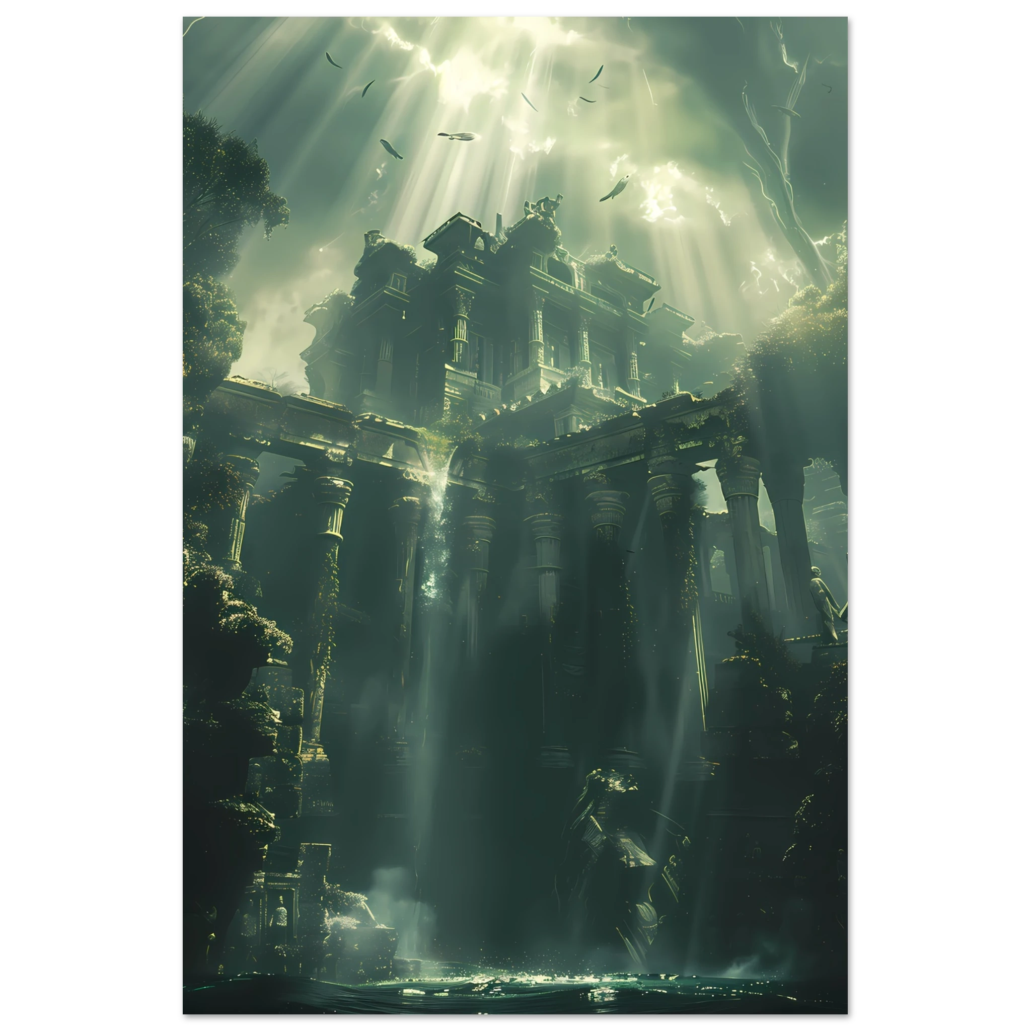 Ancient ruins underwater glowing with coral and marine life — fantasy ocean wall art.