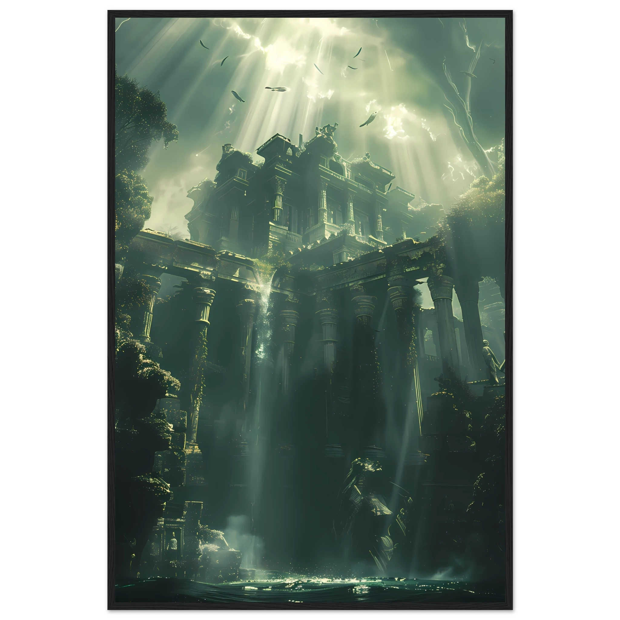 Ancient ruins underwater glowing with coral and marine life — fantasy ocean wall art.