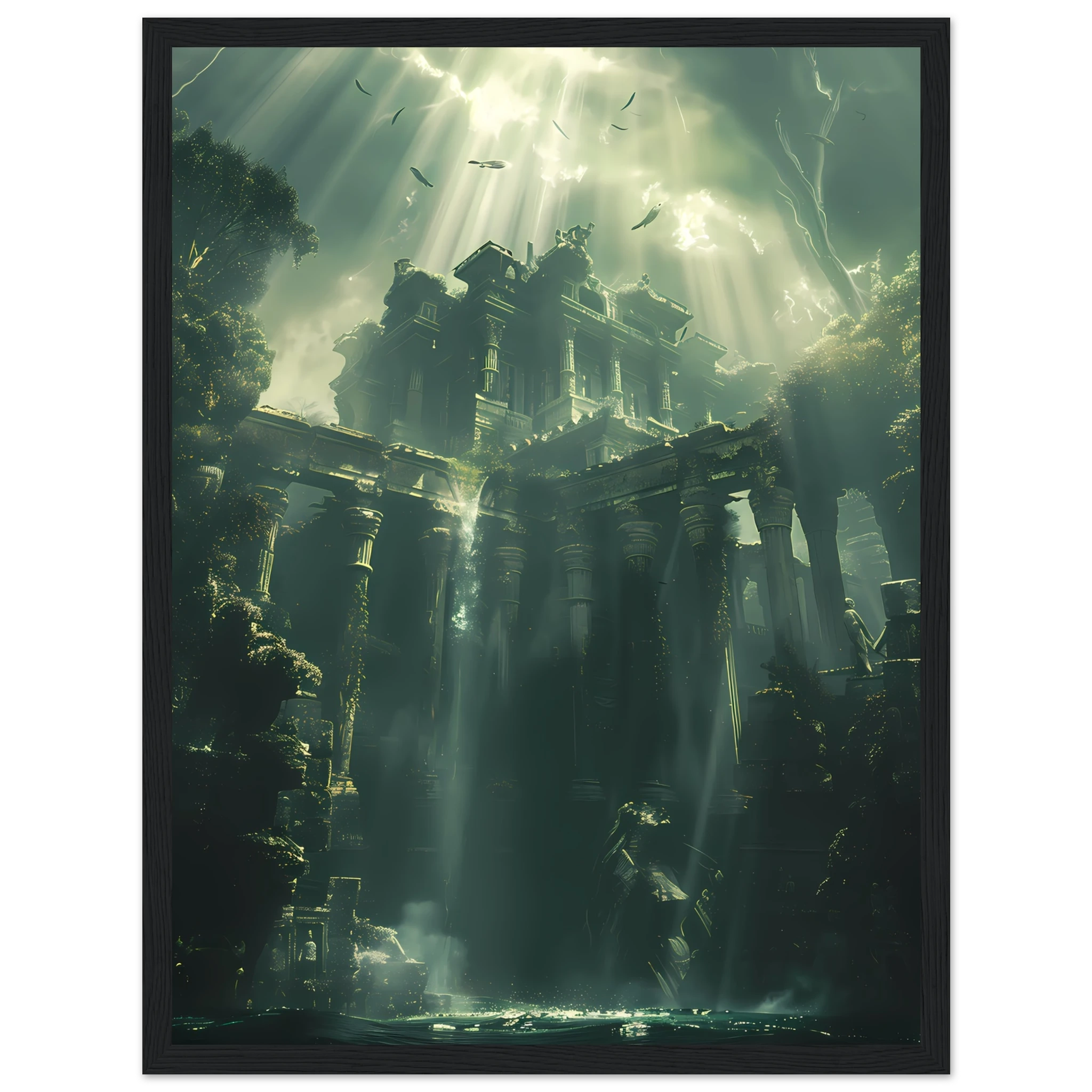 Ancient ruins underwater glowing with coral and marine life — fantasy ocean wall art.