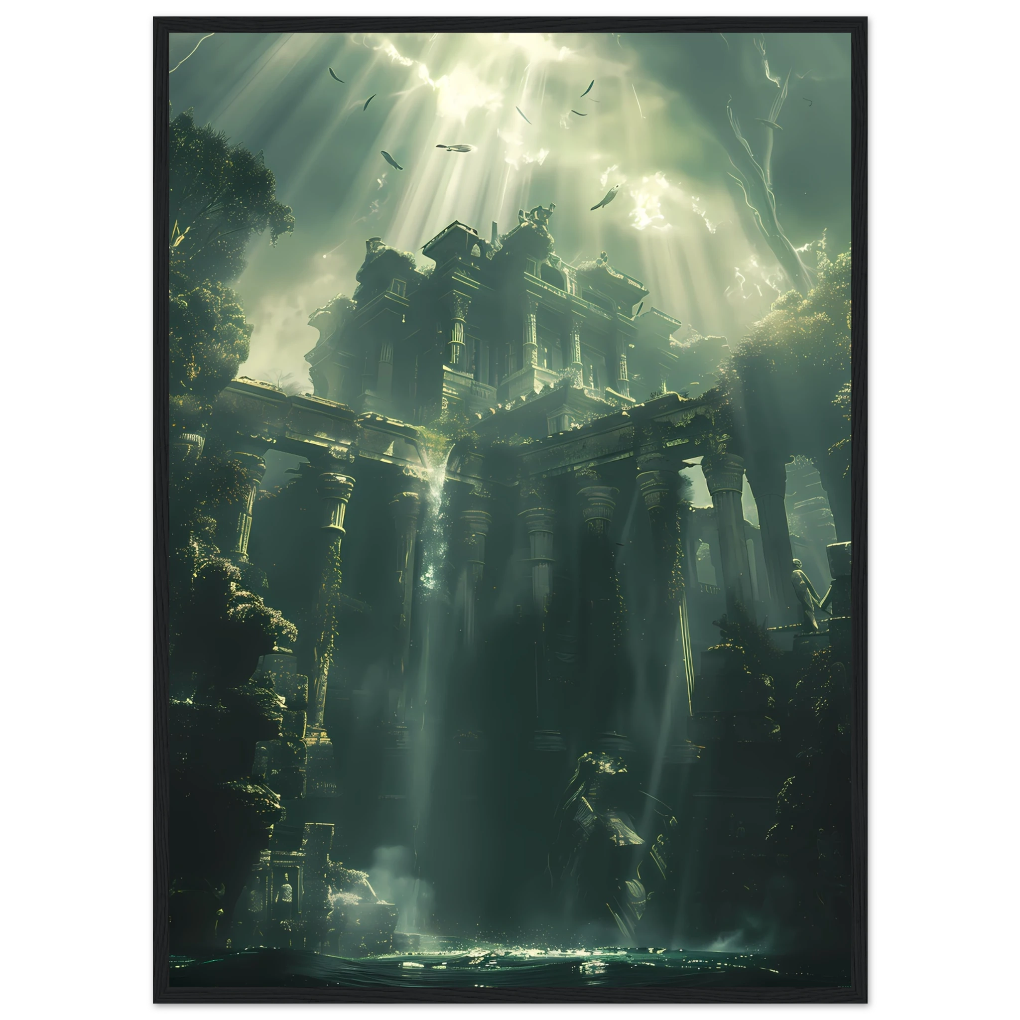 Ancient ruins underwater glowing with coral and marine life — fantasy ocean wall art.