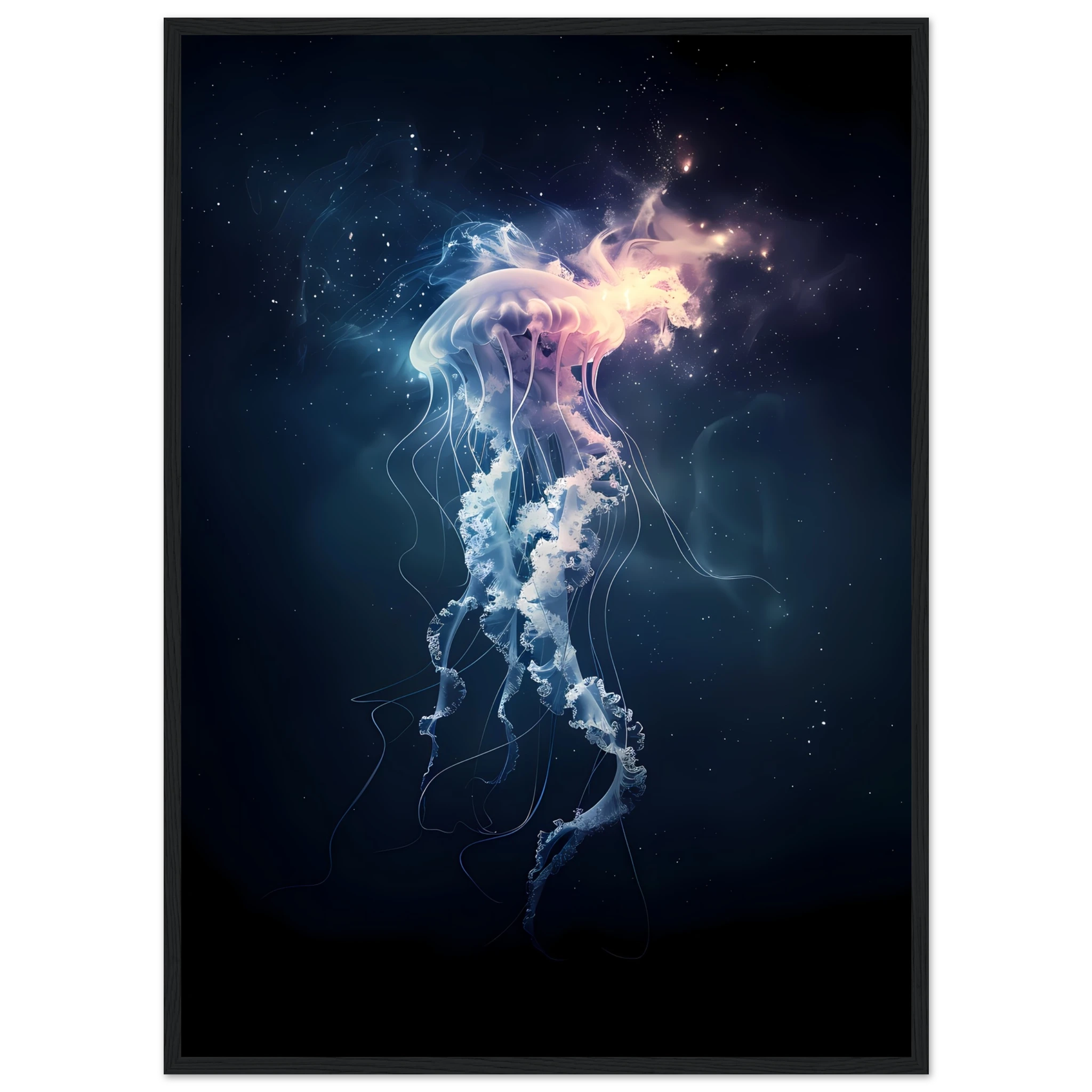 Glowing neon jellyfish floating in deep sea — ethereal ocean wall art print.
