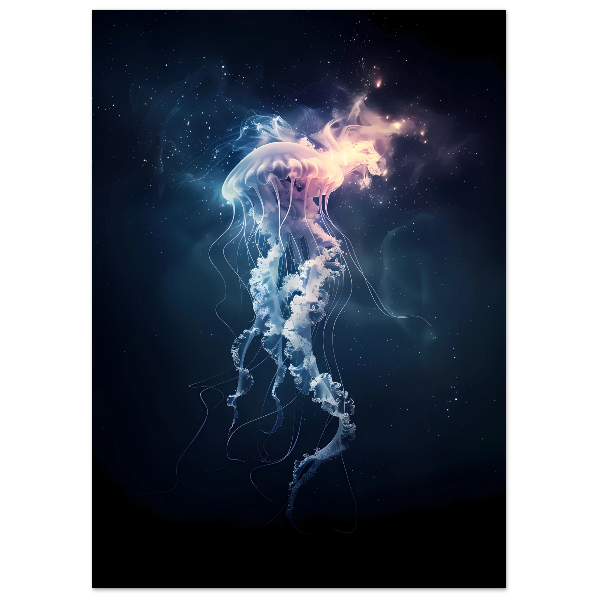 Glowing neon jellyfish floating in deep sea — ethereal ocean wall art print.