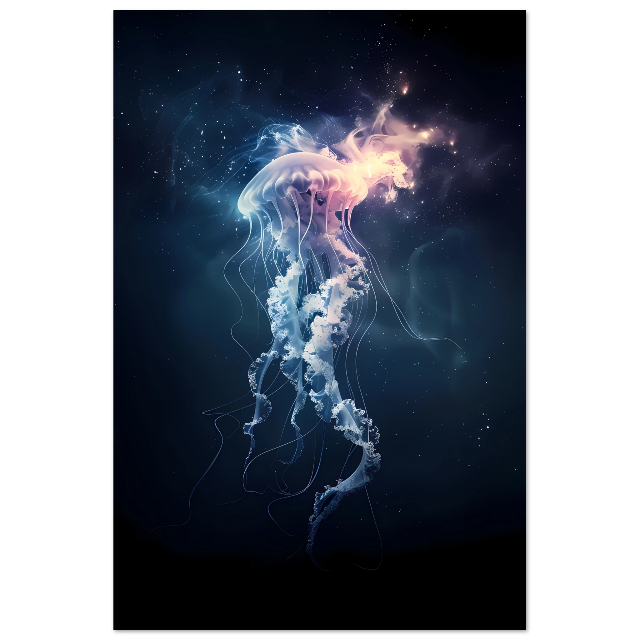 Glowing neon jellyfish floating in deep sea — ethereal ocean wall art print.