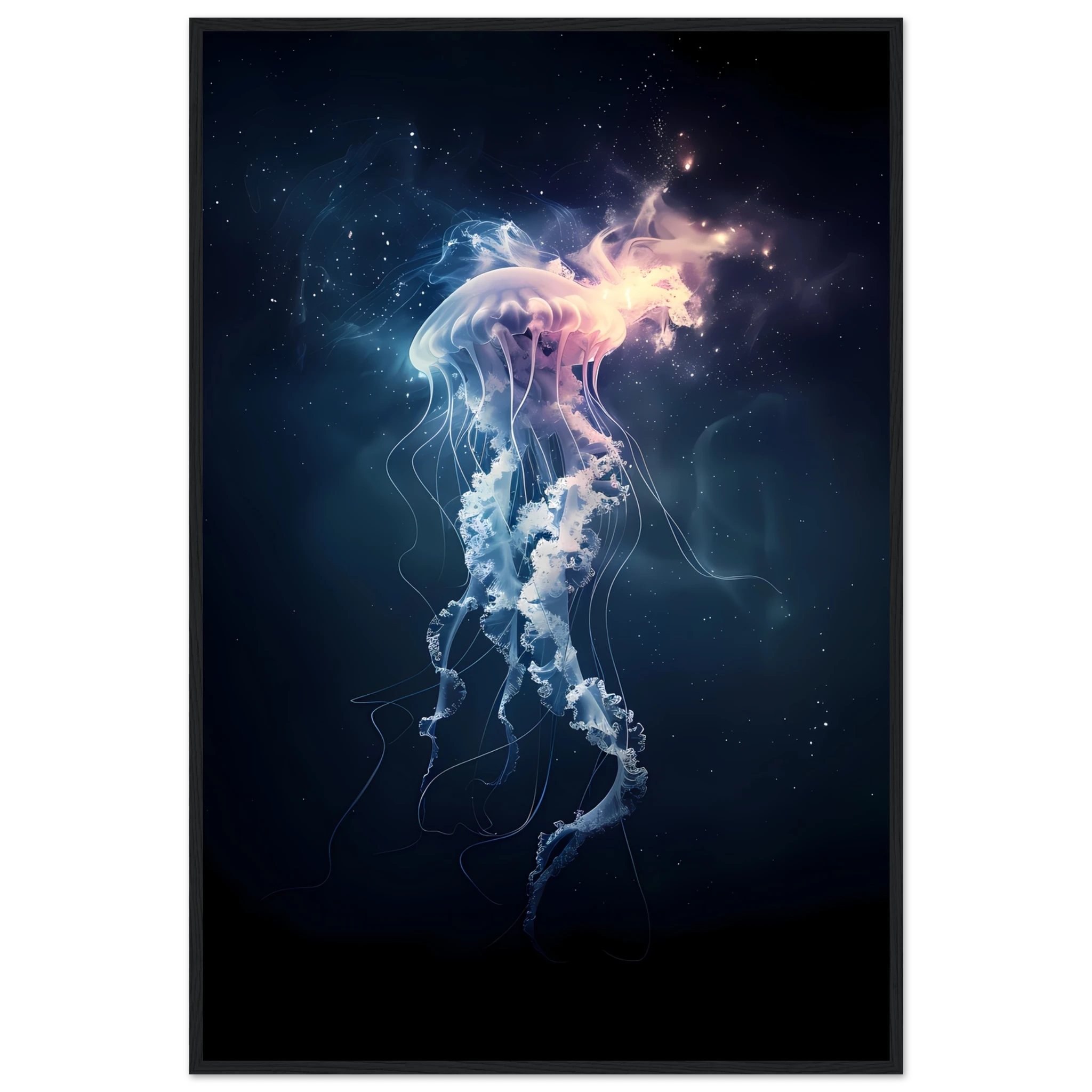 Glowing neon jellyfish floating in deep sea — ethereal ocean wall art print.