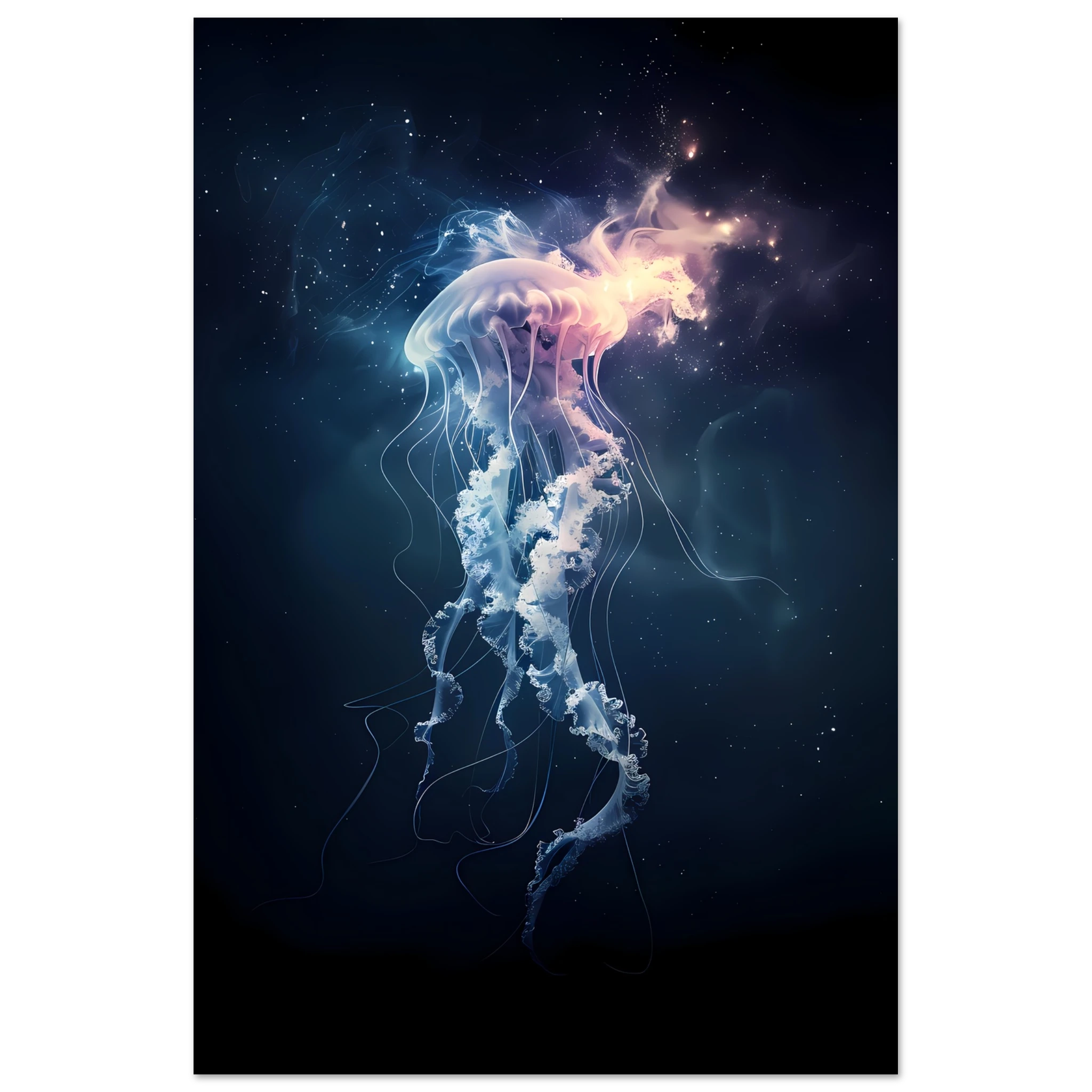 Glowing neon jellyfish floating in deep sea — ethereal ocean wall art print.