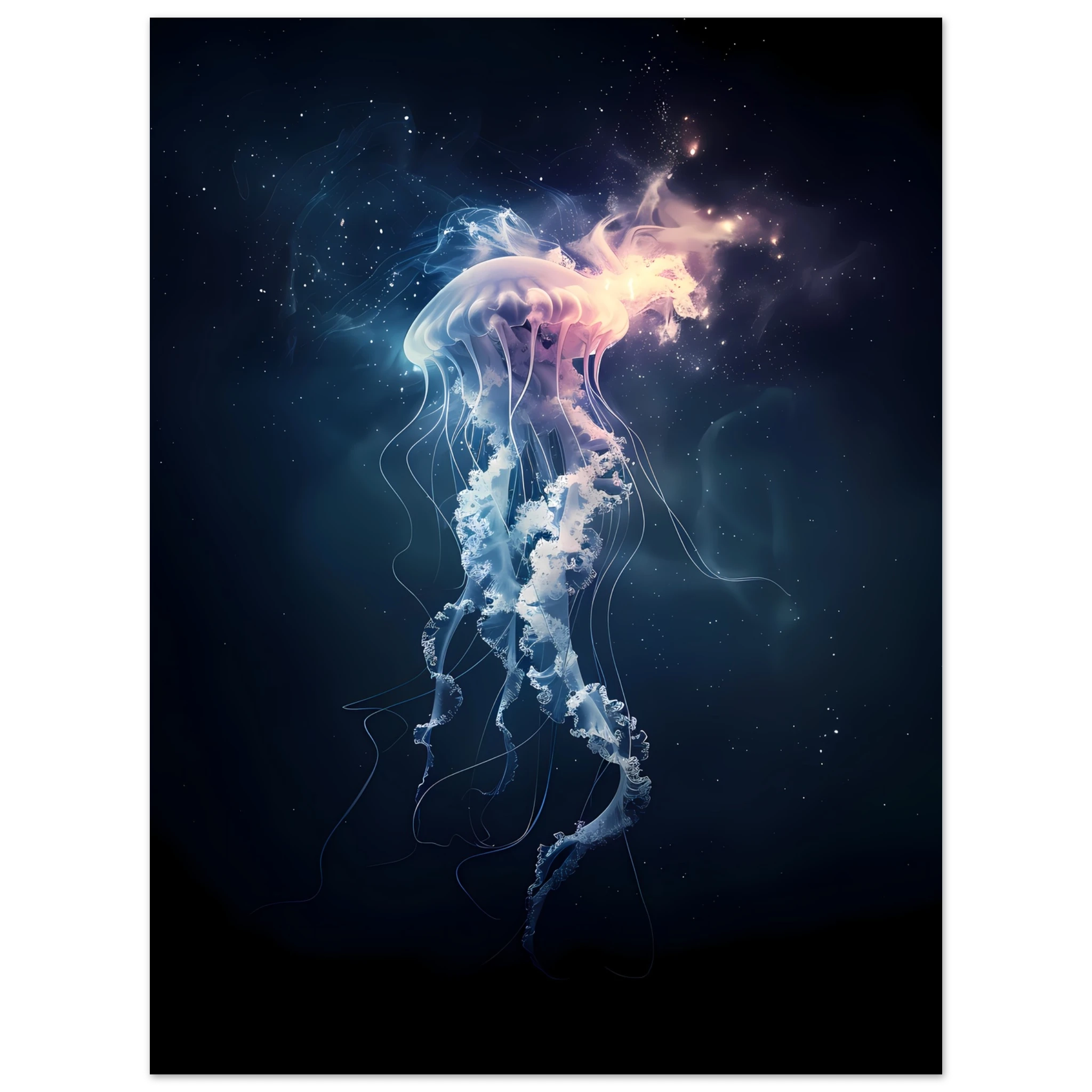 Glowing neon jellyfish floating in deep sea — ethereal ocean wall art print.