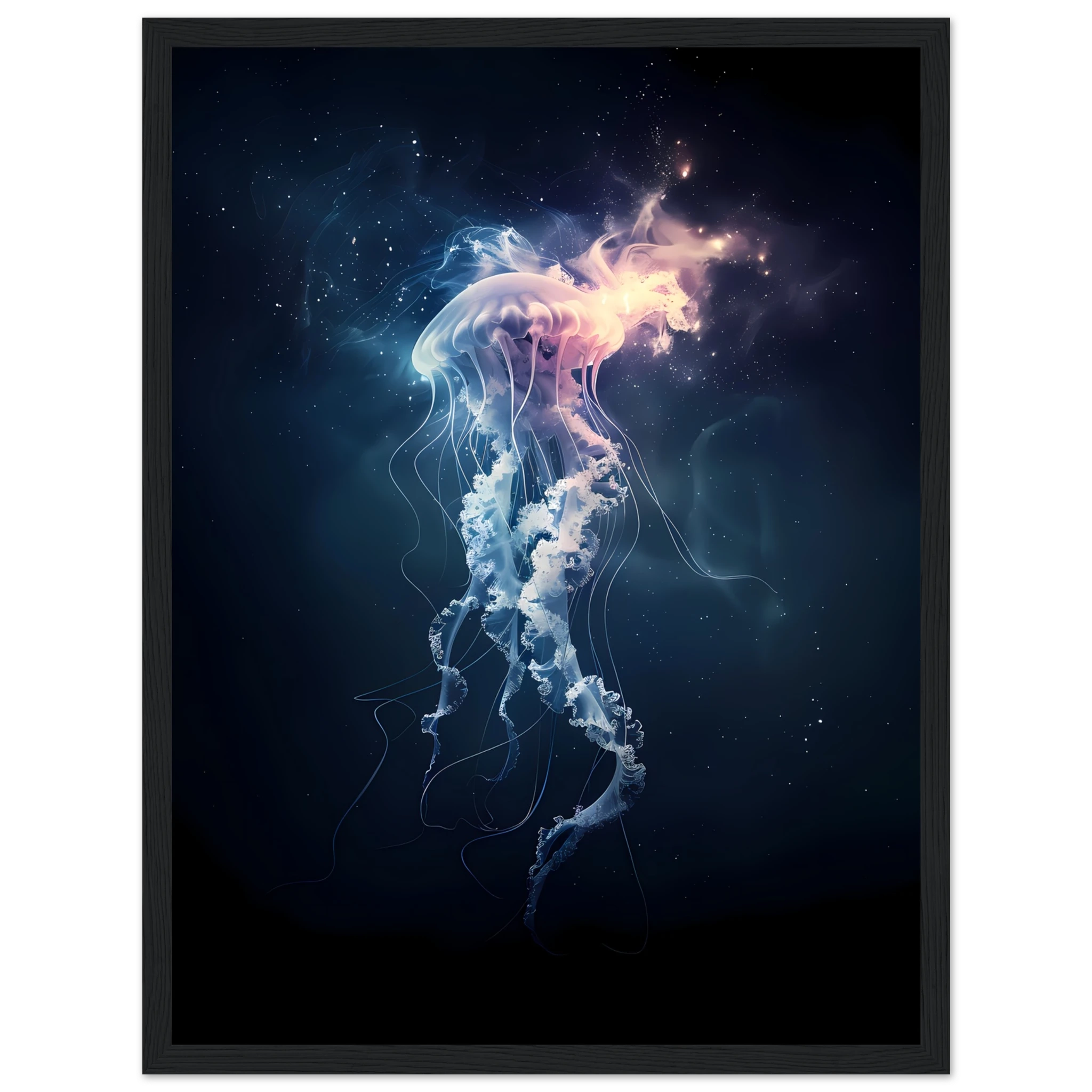 Glowing neon jellyfish floating in deep sea — ethereal ocean wall art print.