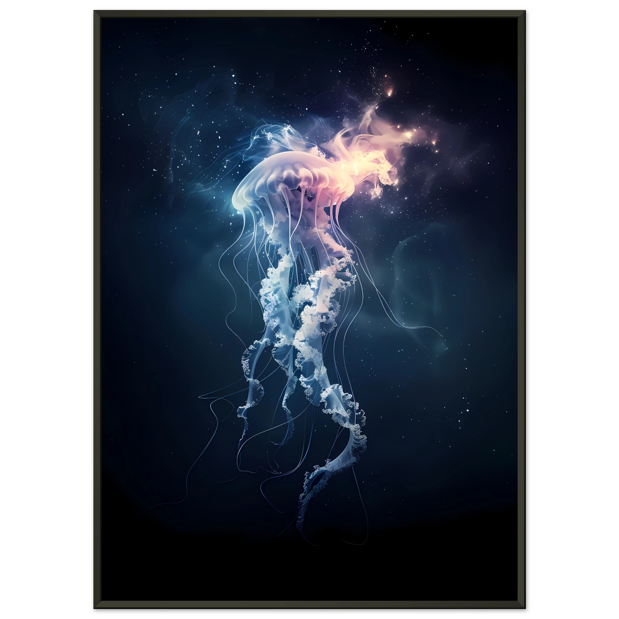 Glowing neon jellyfish floating in deep sea — ethereal ocean wall art print.