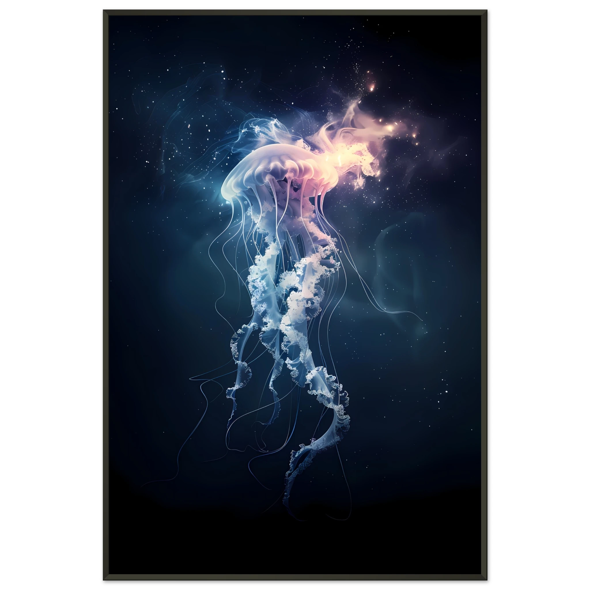 Glowing neon jellyfish floating in deep sea — ethereal ocean wall art print.