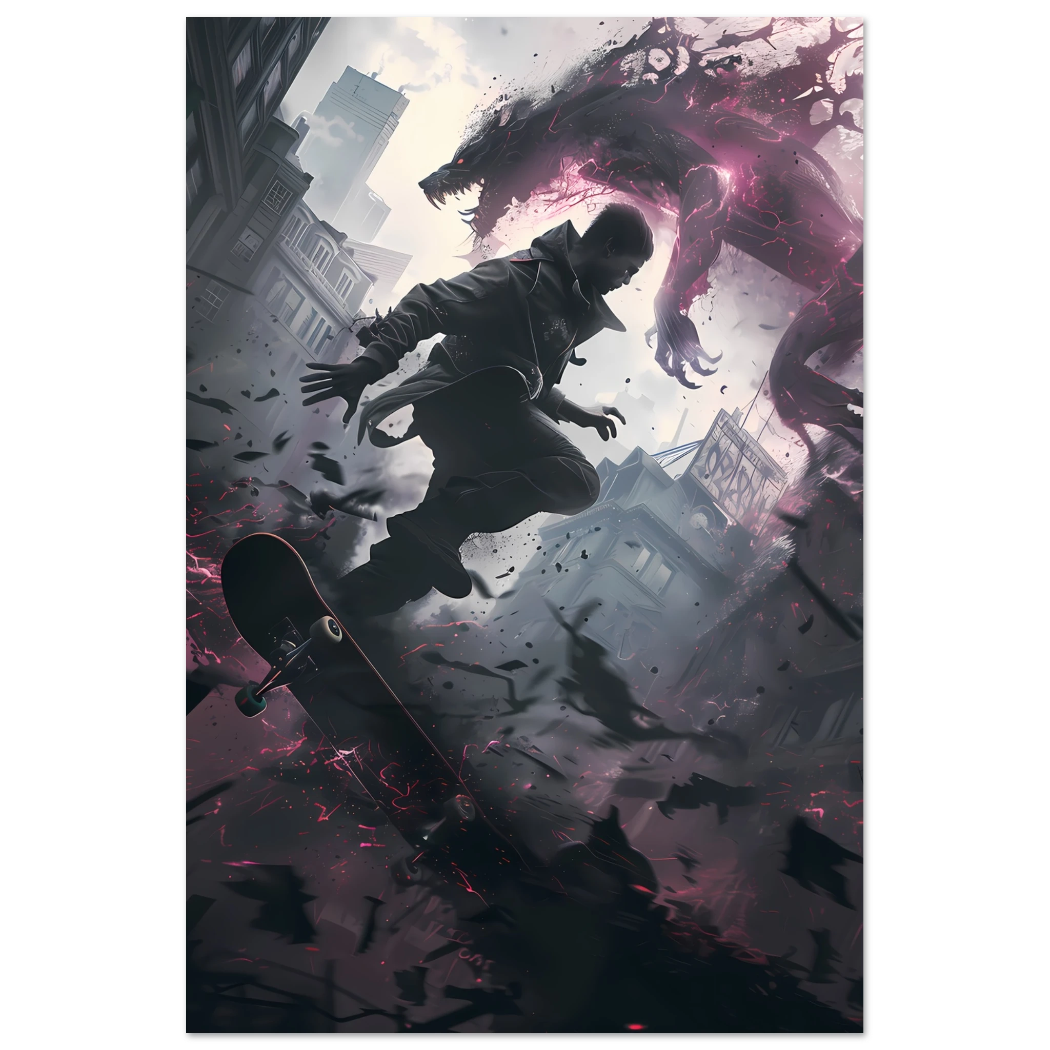 Teen skater grinding glowing rail amid decayed neon cityscape — cyber street art.