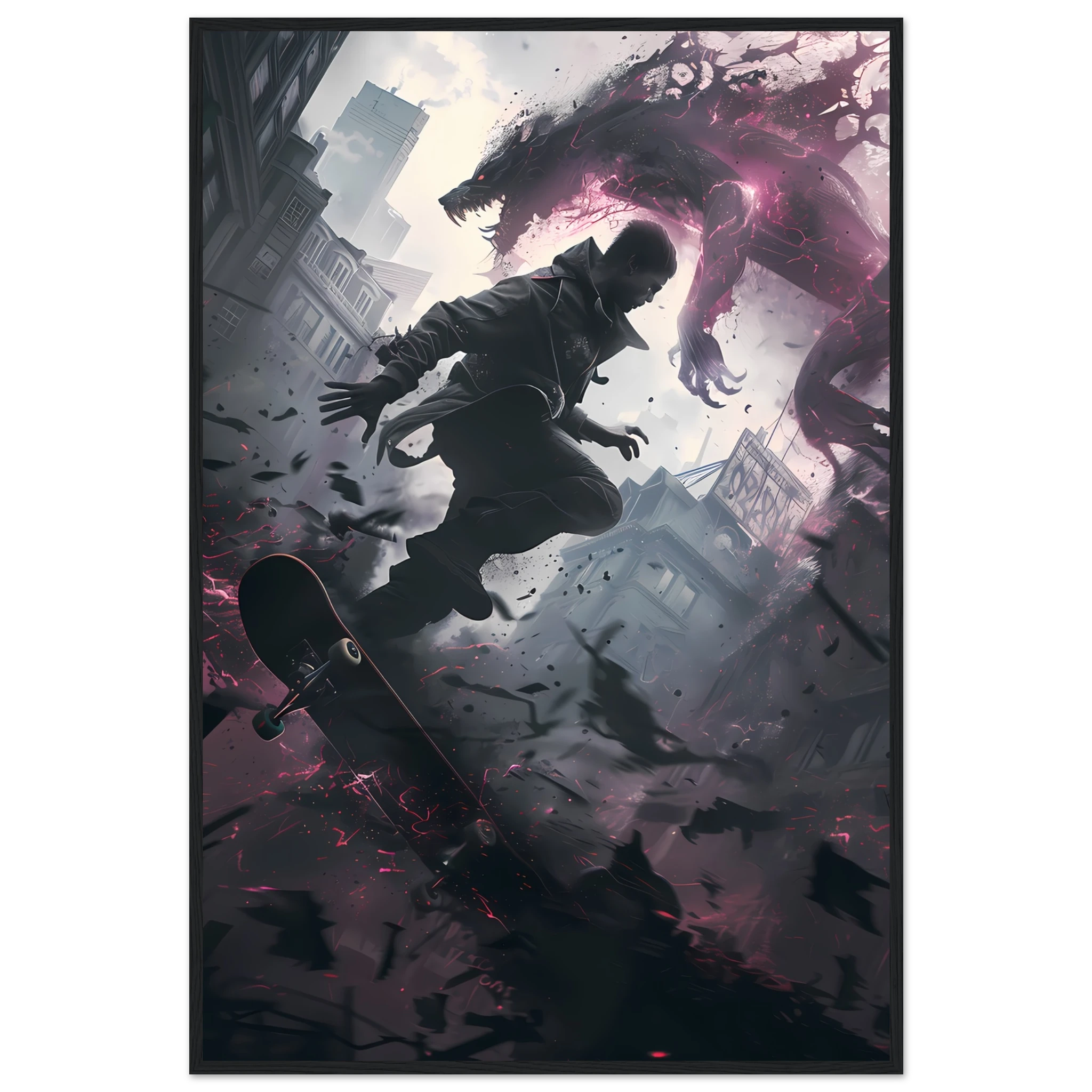 Teen skater grinding glowing rail amid decayed neon cityscape — cyber street art.