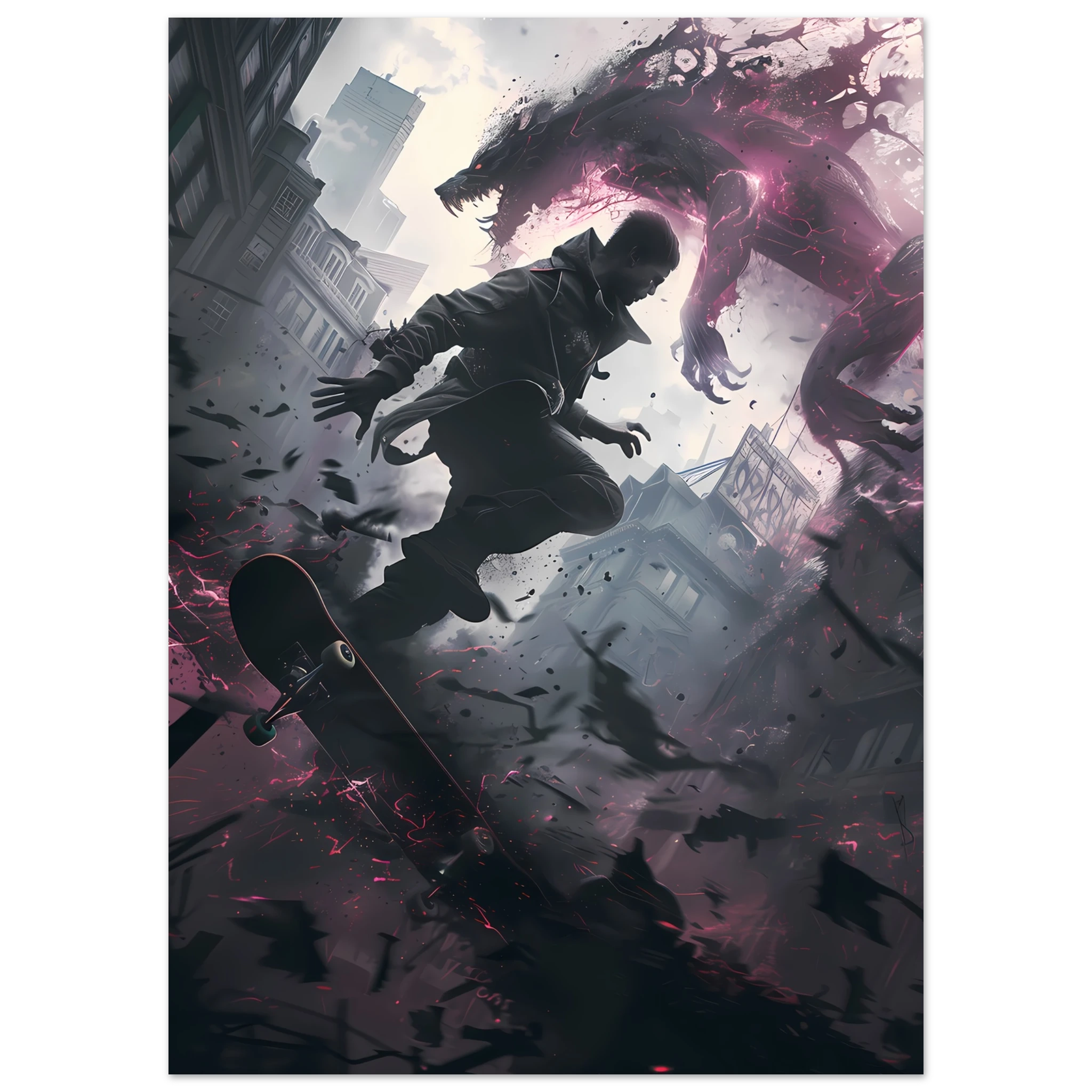 Teen skater grinding glowing rail amid decayed neon cityscape — cyber street art.