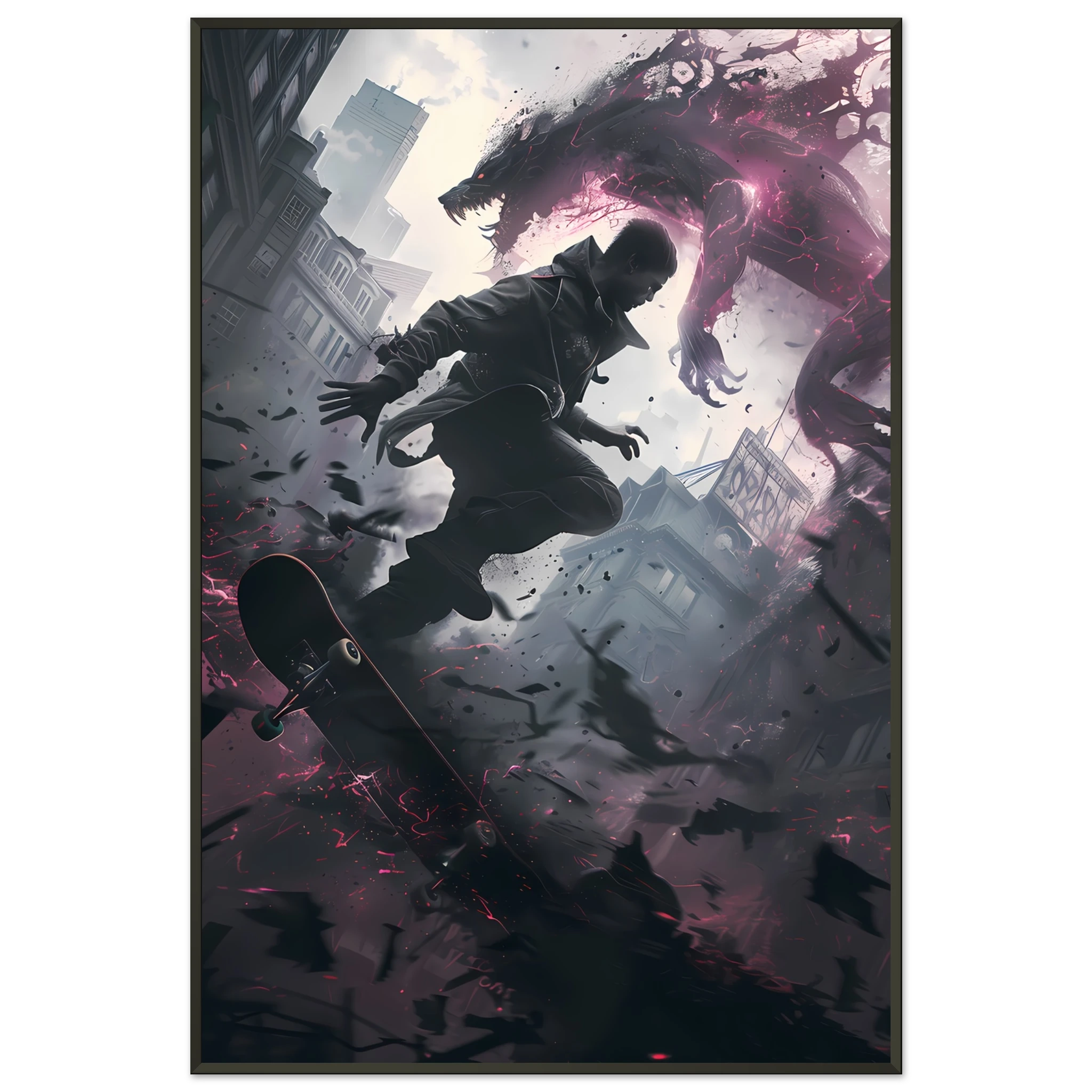 Teen skater grinding glowing rail amid decayed neon cityscape — cyber street art.