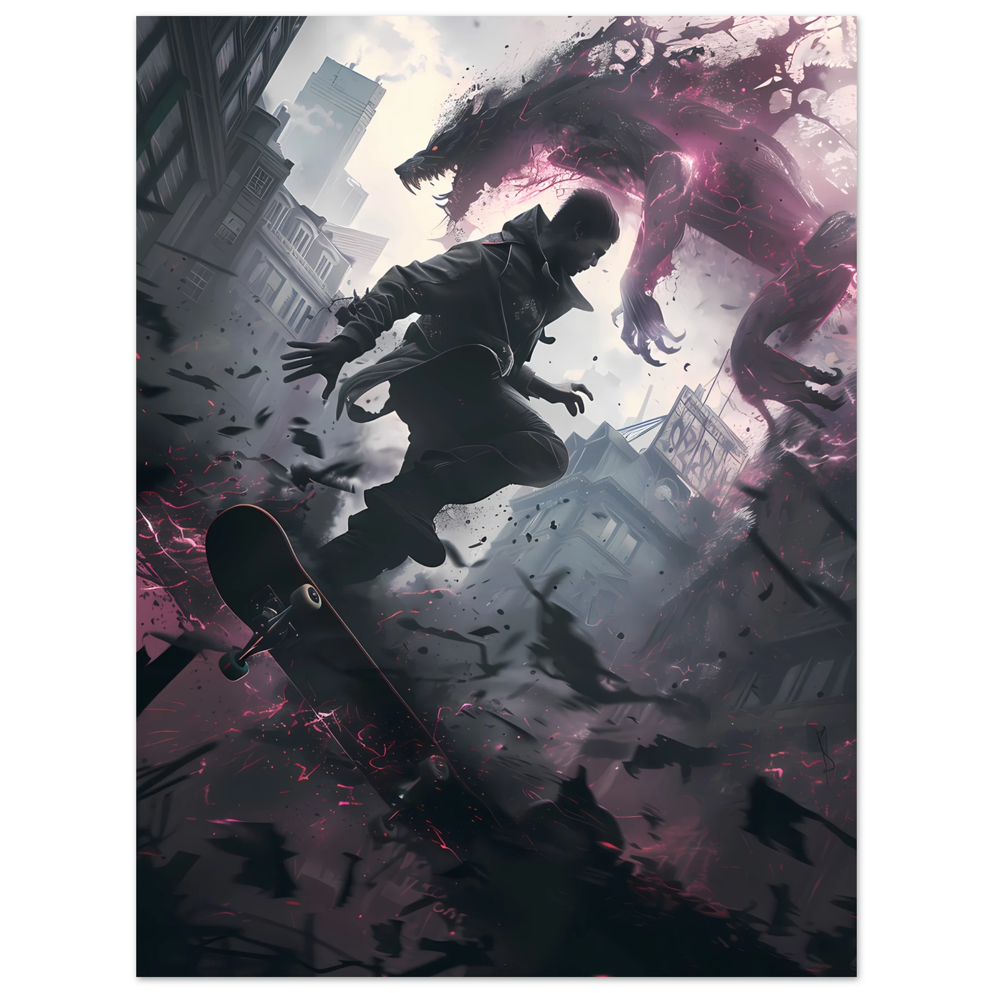 Teen skater grinding glowing rail amid decayed neon cityscape — cyber street art.