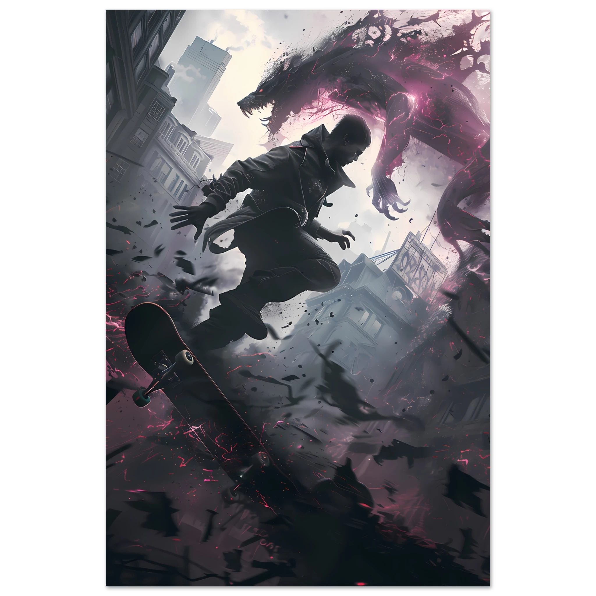 Teen skater grinding glowing rail amid decayed neon cityscape — cyber street art.