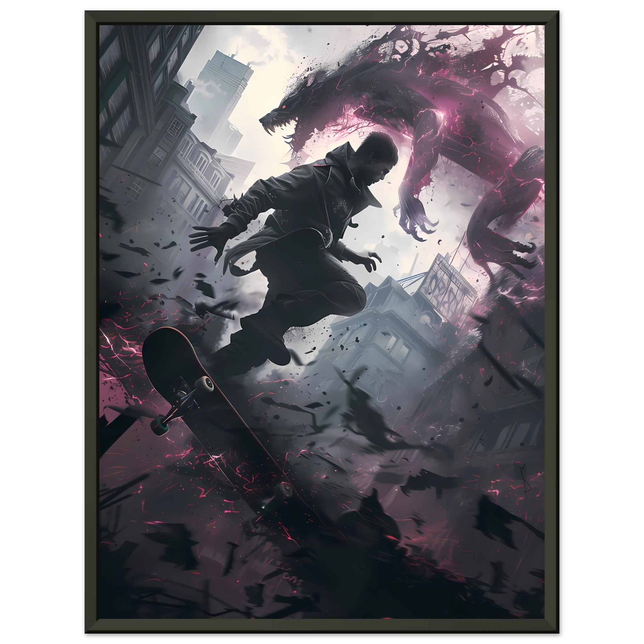 Teen skater grinding glowing rail amid decayed neon cityscape — cyber street art.