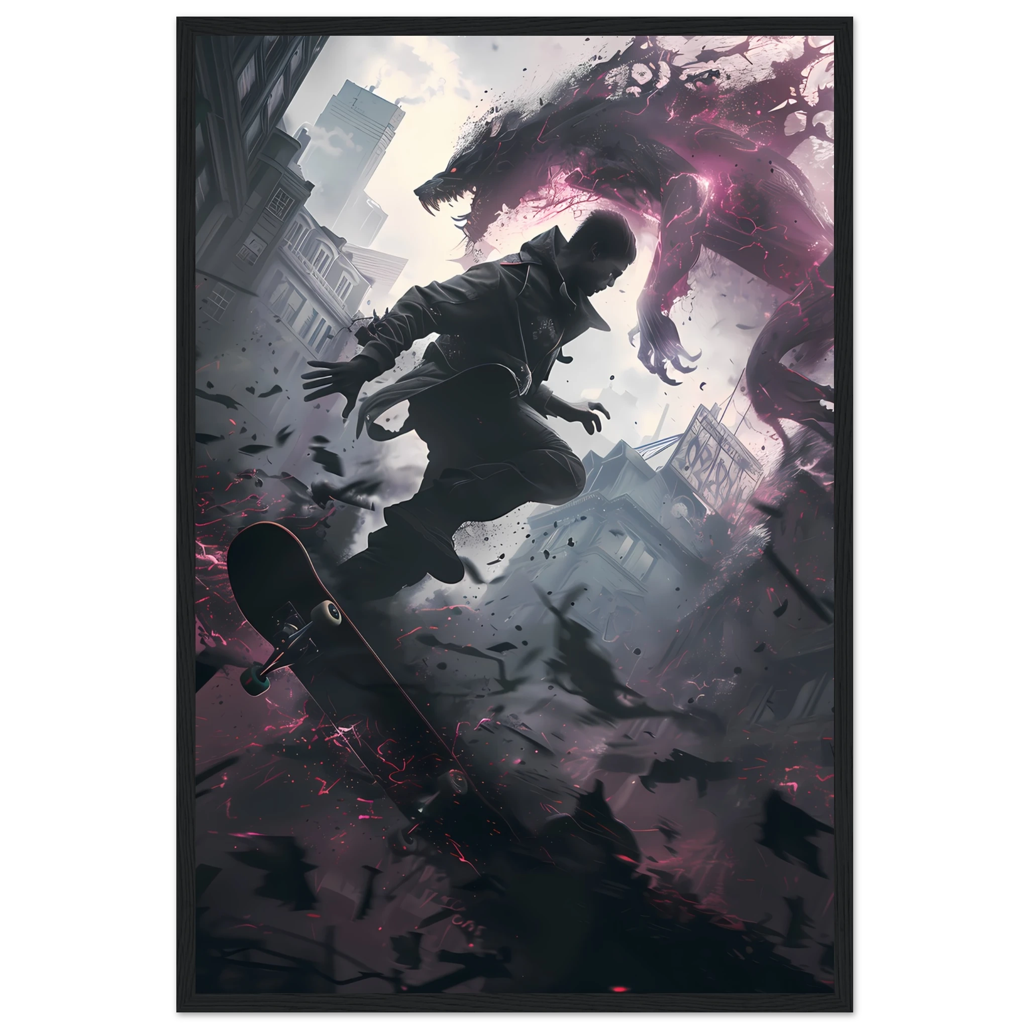 Teen skater grinding glowing rail amid decayed neon cityscape — cyber street art.