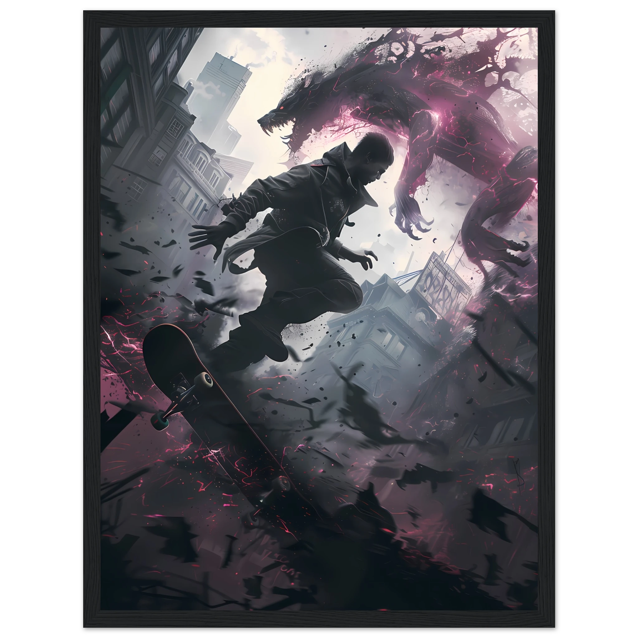 Teen skater grinding glowing rail amid decayed neon cityscape — cyber street art.