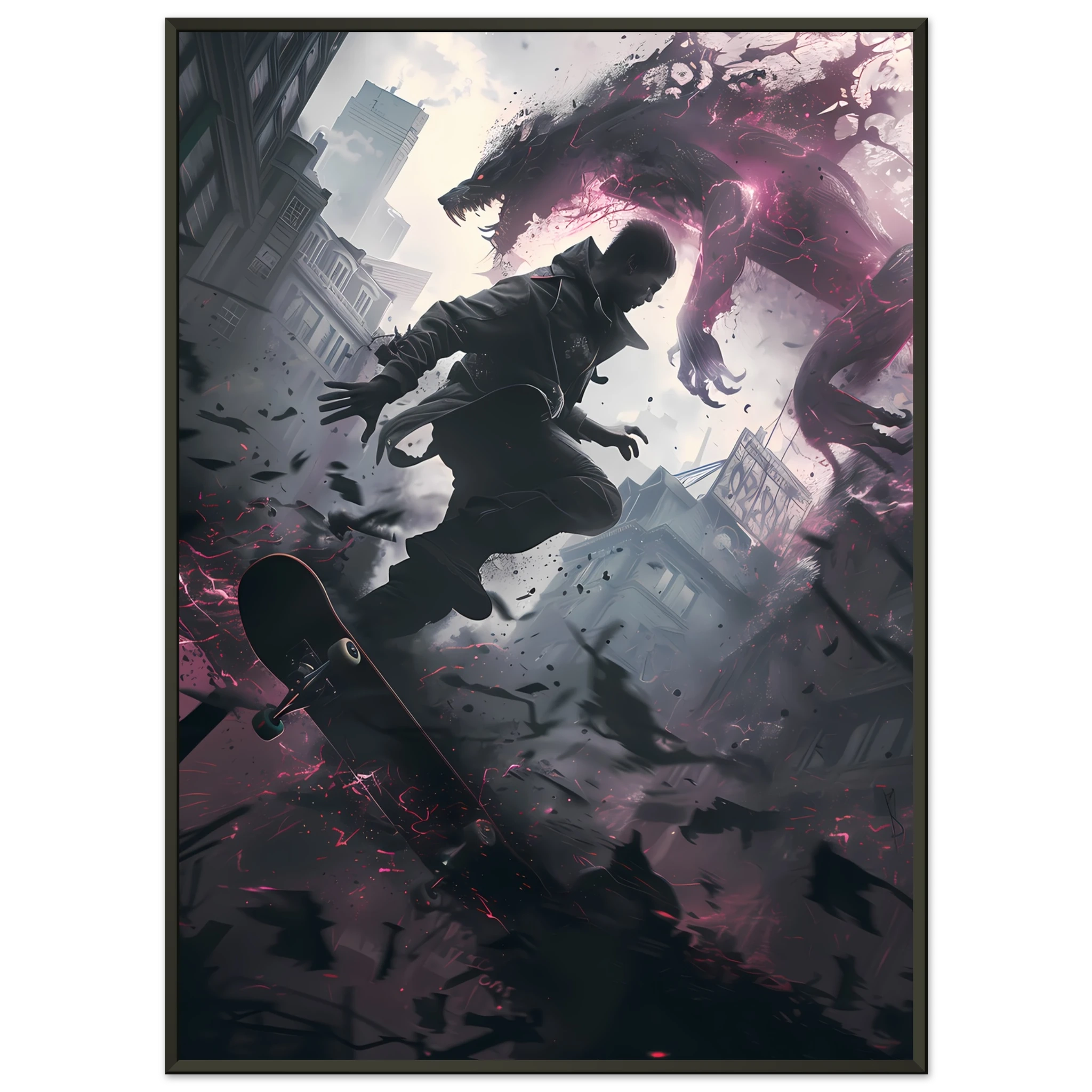 Teen skater grinding glowing rail amid decayed neon cityscape — cyber street art.