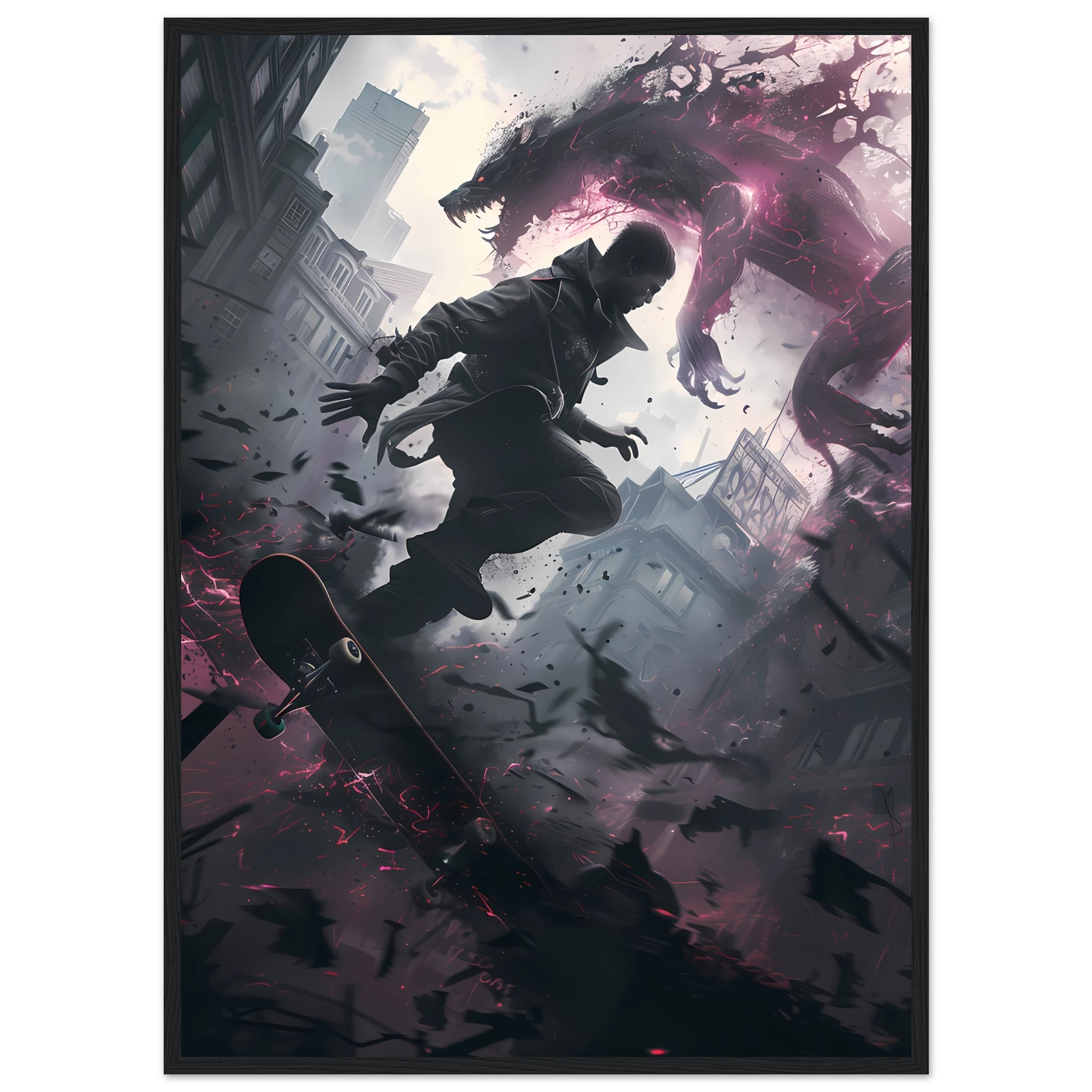 Teen skater grinding glowing rail amid decayed neon cityscape — cyber street art.