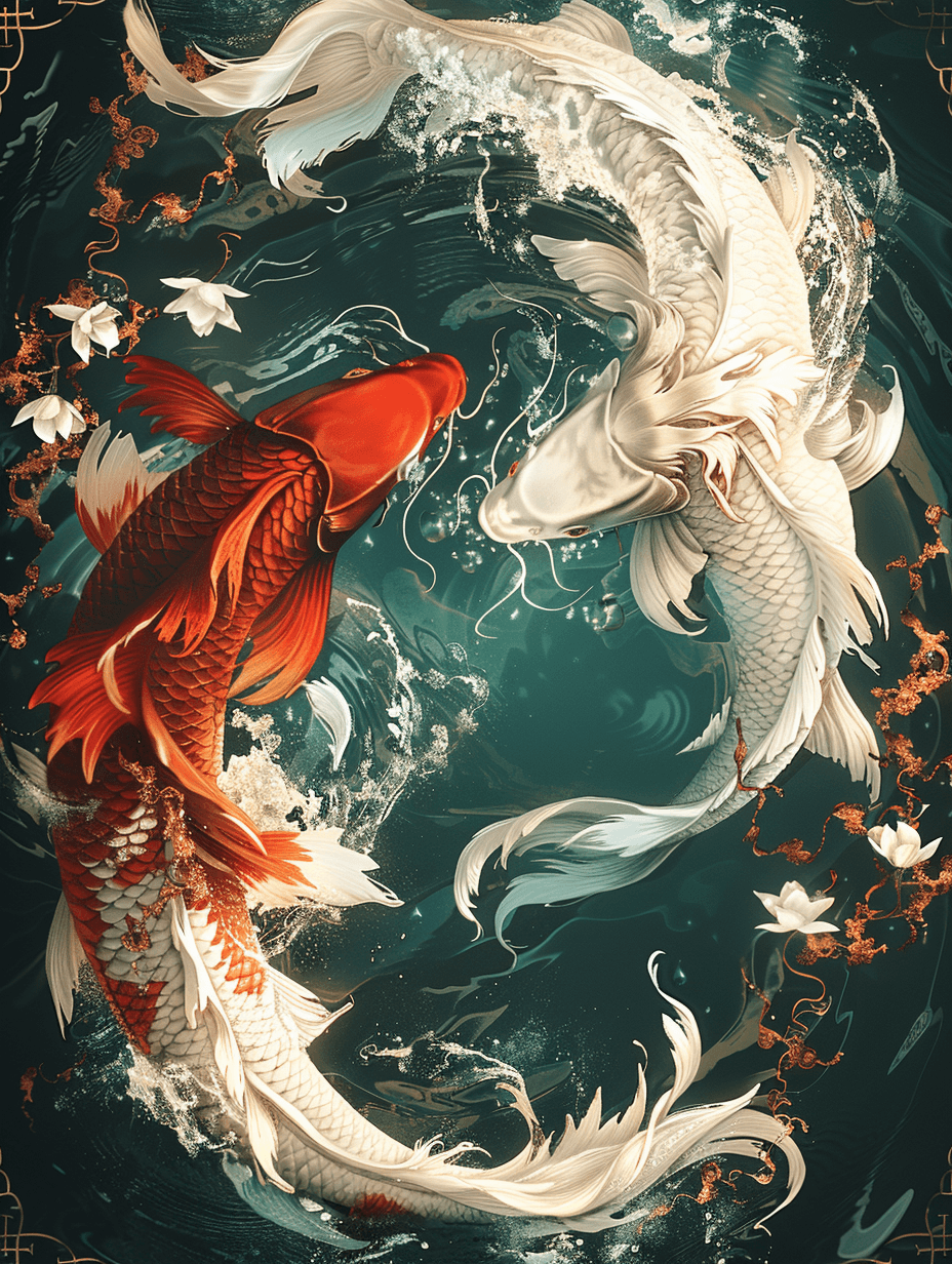 Two koi fish, one red and one white, swimming in water with floral elements.