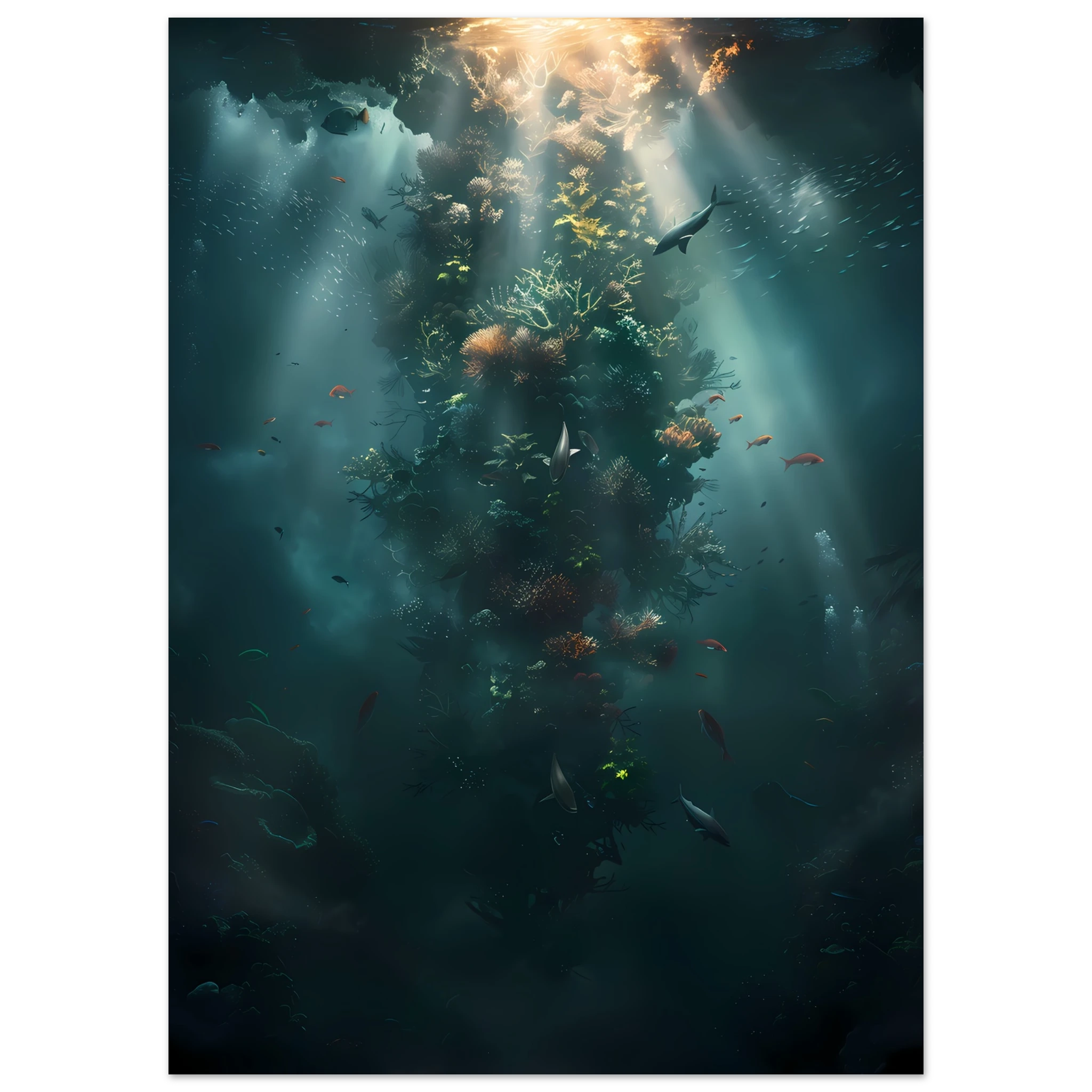 Neon coral reef glowing under ocean light — vivid underwater fantasy wall art.