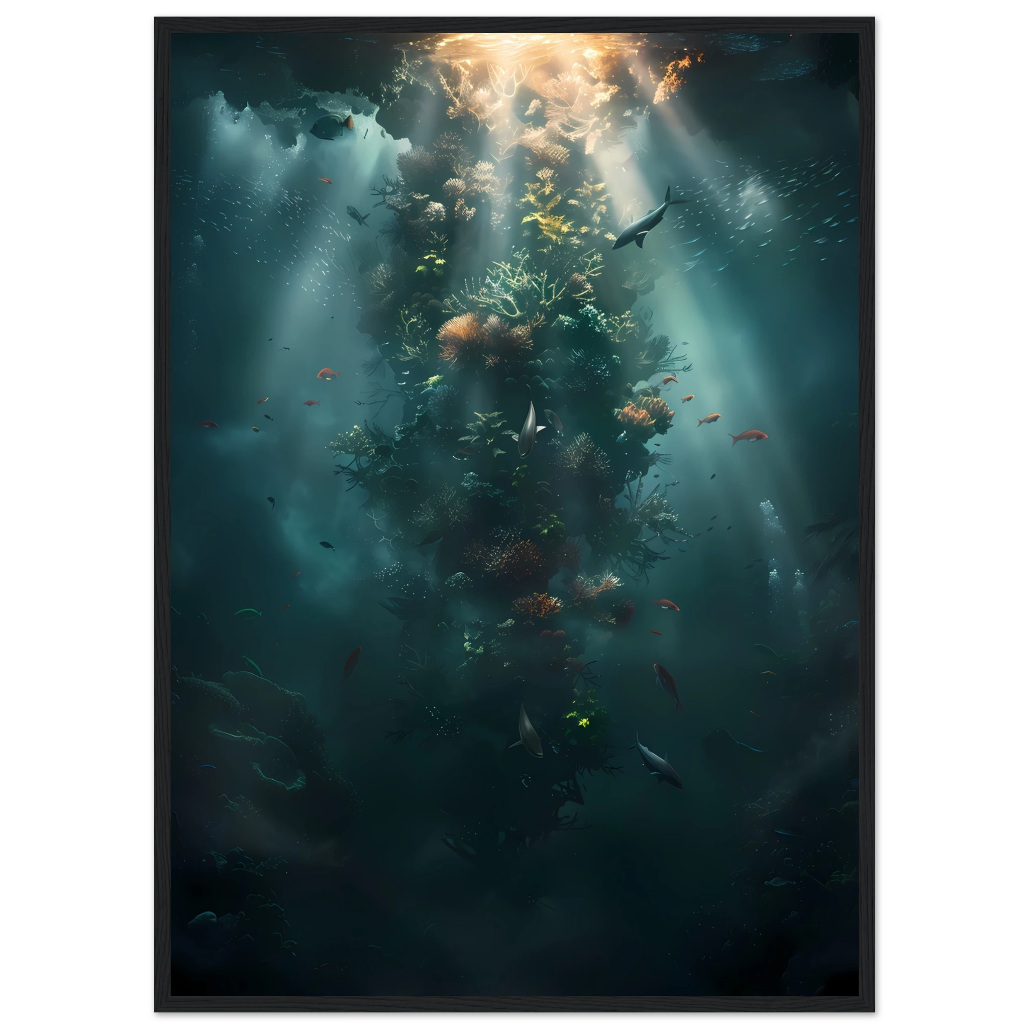 Neon coral reef glowing under ocean light — vivid underwater fantasy wall art.