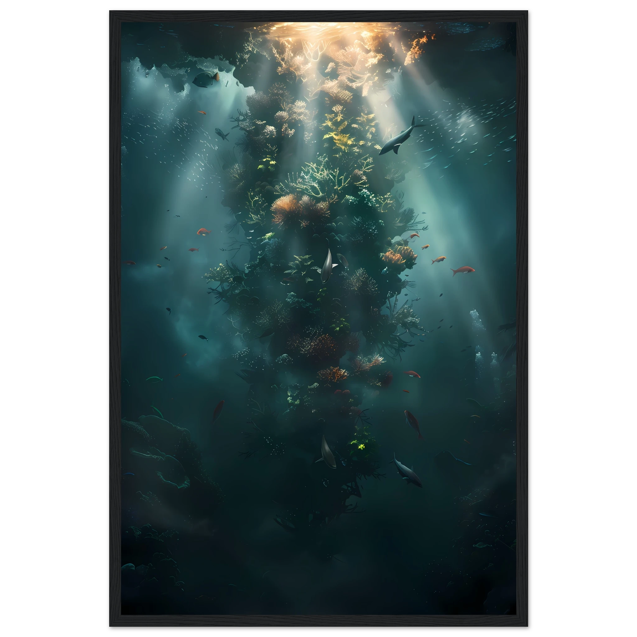 Neon coral reef glowing under ocean light — vivid underwater fantasy wall art.