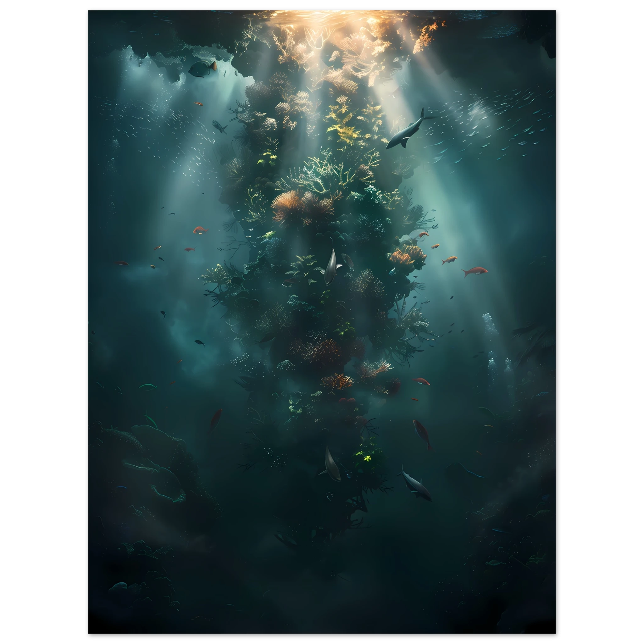 Neon coral reef glowing under ocean light — vivid underwater fantasy wall art.