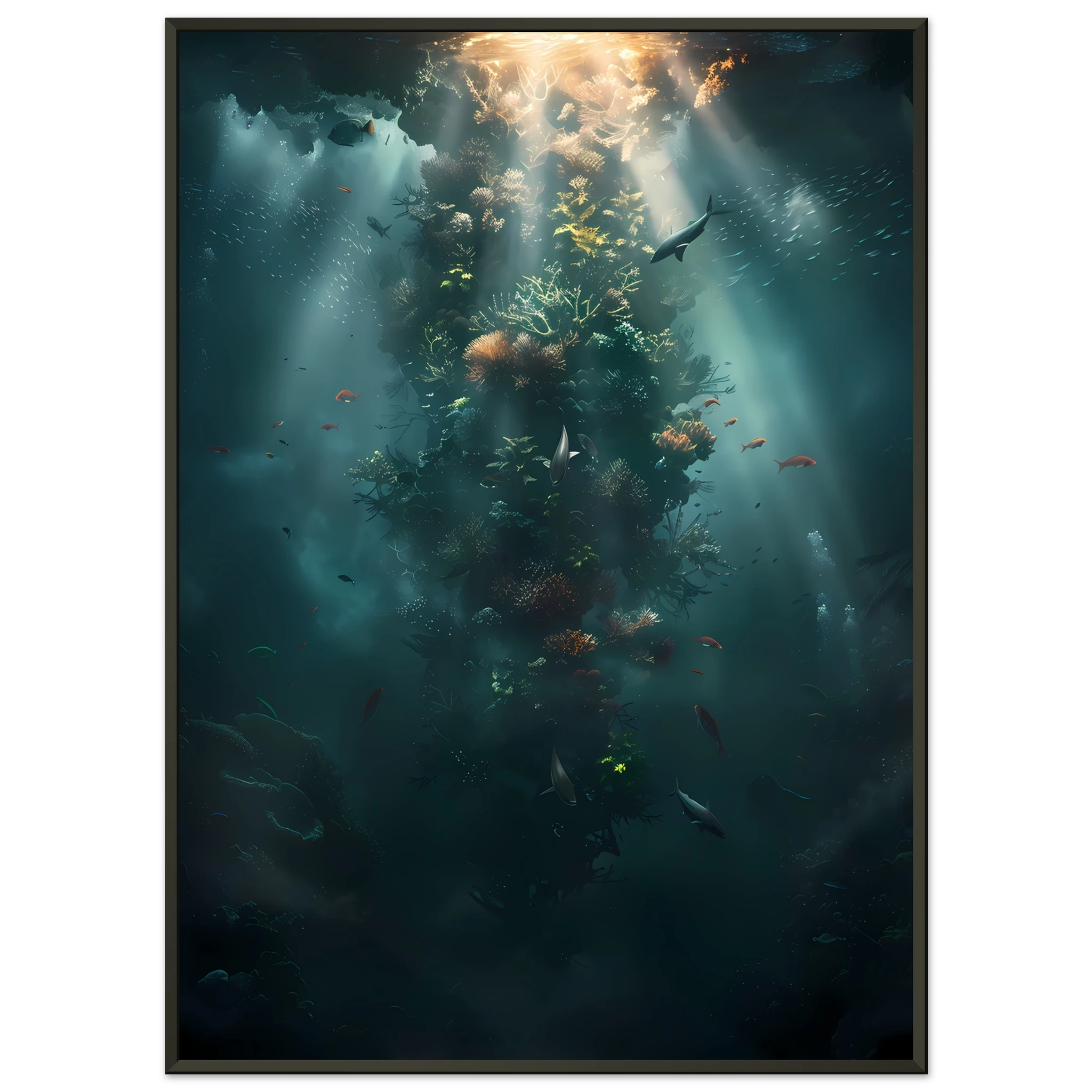 Neon coral reef glowing under ocean light — vivid underwater fantasy wall art.