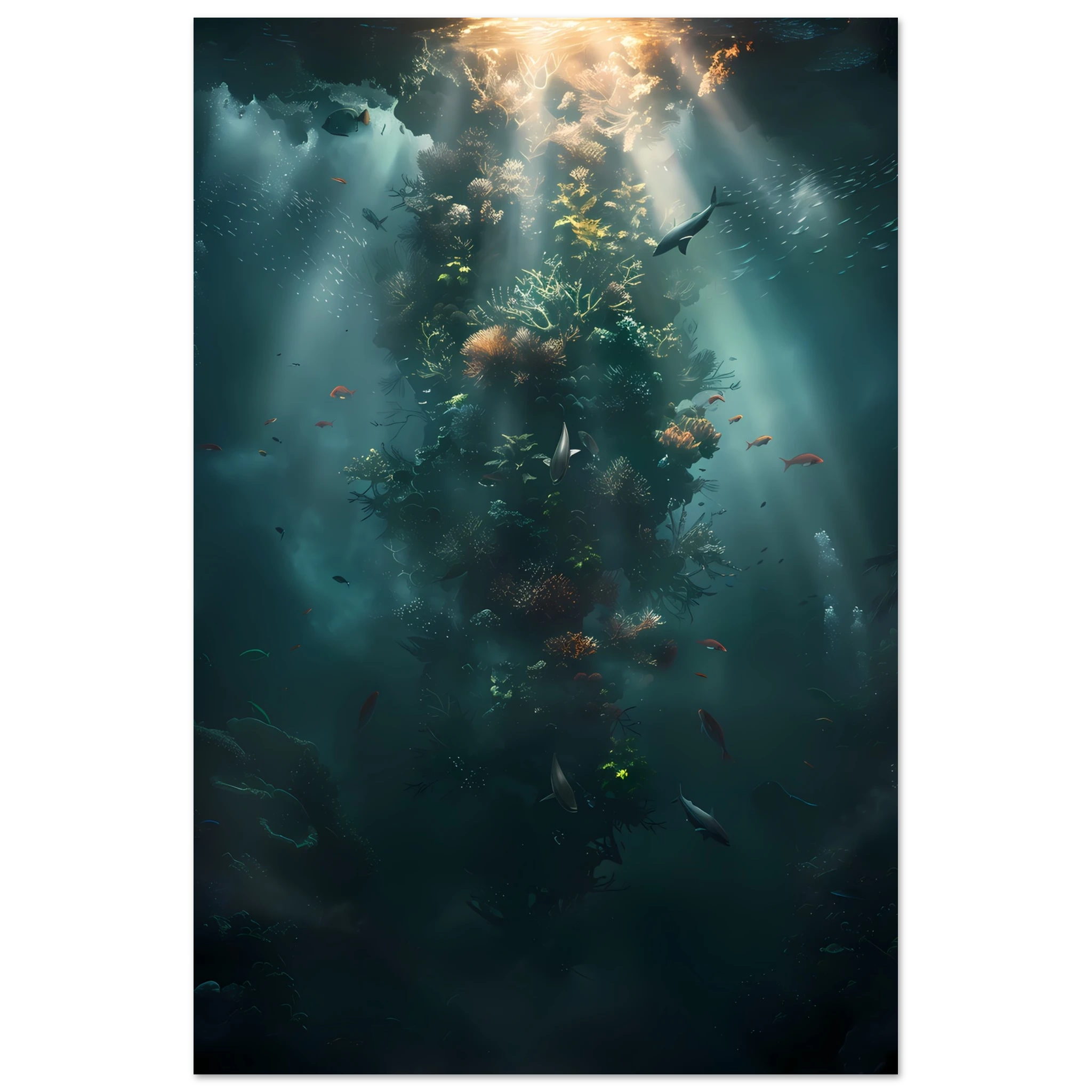 Neon coral reef glowing under ocean light — vivid underwater fantasy wall art.